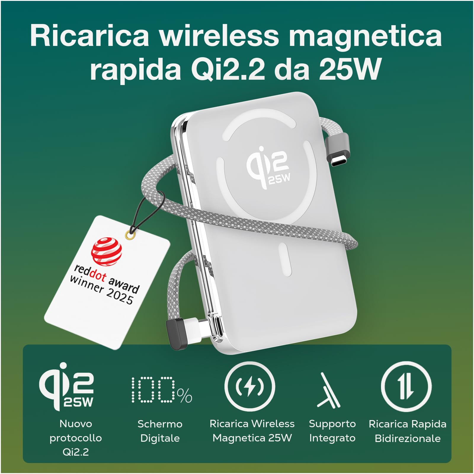 Power Bank Magnetico Qi2.2 25W Certificato – 10000mAh Power Bank Wireless Rapida – Cavo USB-C 35W Integrato – Batteria Esterna per MagSafe – Per iPhone 17/16/15/14/13 Pro/Max di WanderS – Bianco