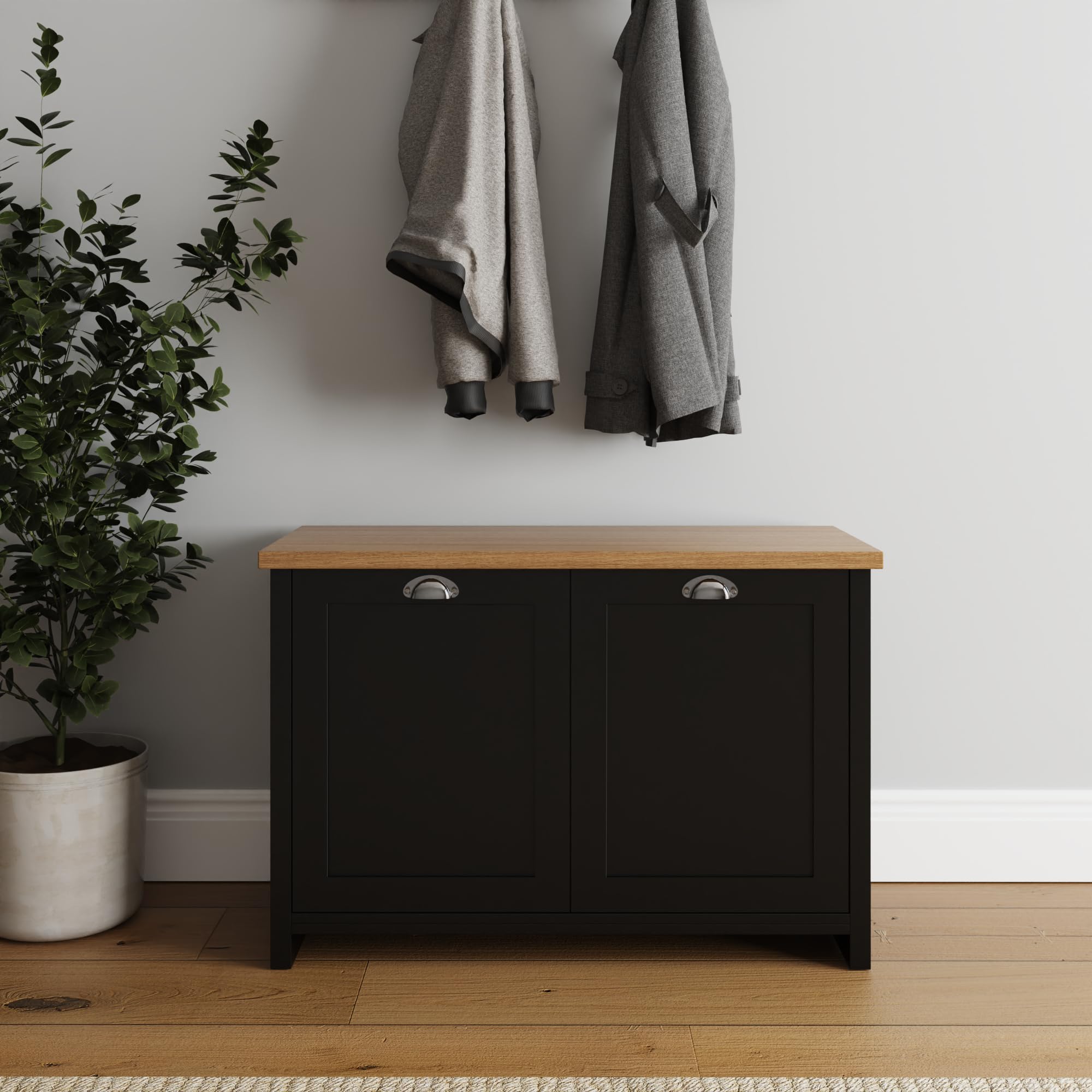 GFW Lancaster Black 2 Door Shoe Cabinet, Country Cottage Hallway Storage Unit with Oak Effect Top