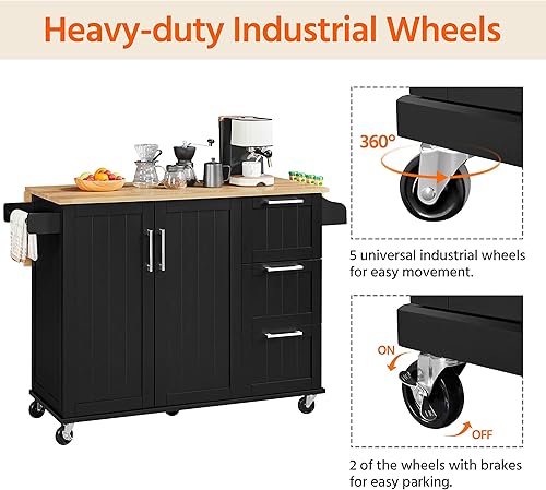 Miniatura 9 de Topeakmart Isla de cocina móvil con encimera plegable carrito de cocina con armario de almacenamiento y 3 cajones y estante de especias para comedor