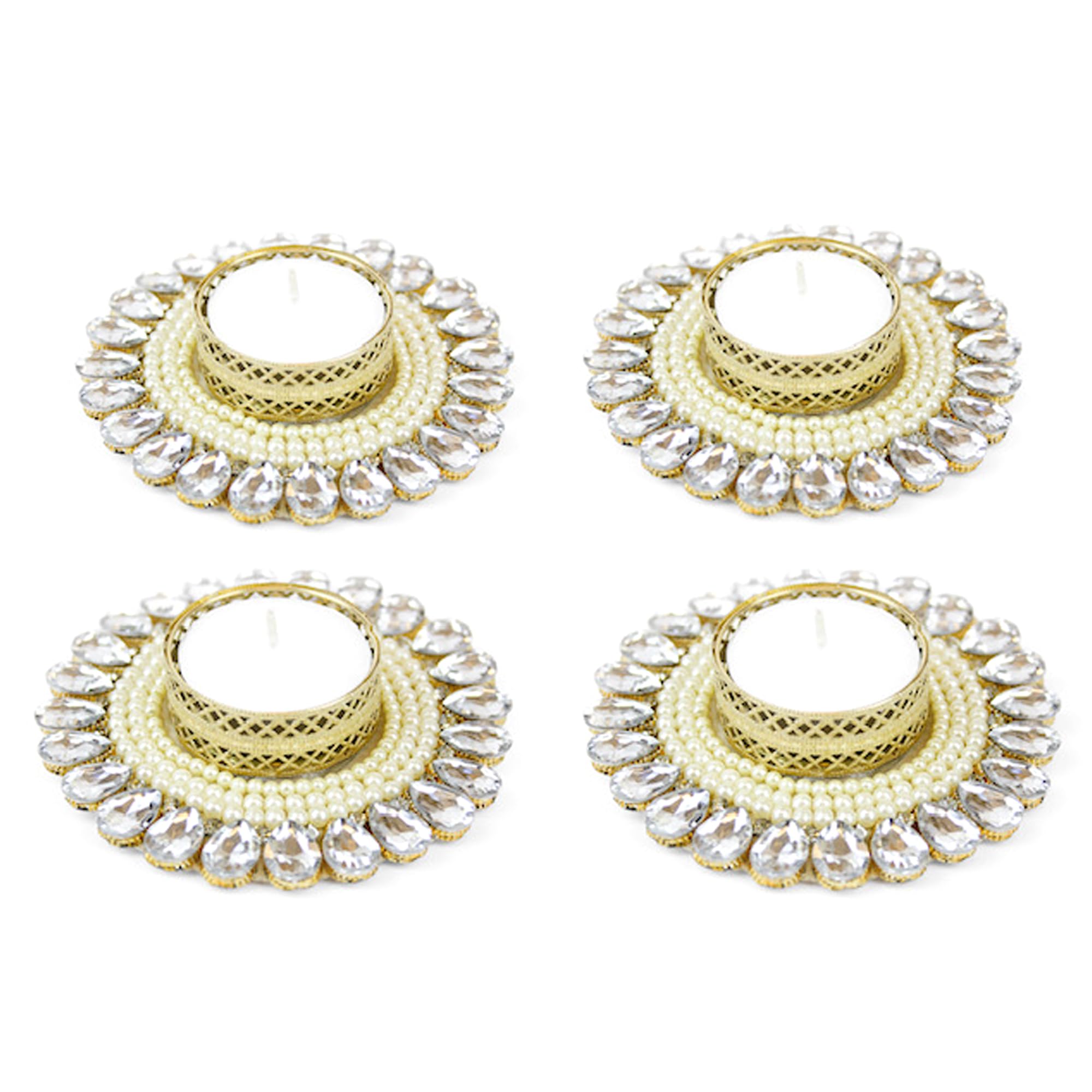 Emartbuy Rhinestone Tea Light Candle Holder - Set Of 4 Set Of 4 Designer Decorative Rhinestone Rangoli Tea Light Holder Candle, Diya Holders – Perfect For Festive Décor Accents For Diwali Pooja And Gifting | Diwali Lamp Lights Gifts & Decorations