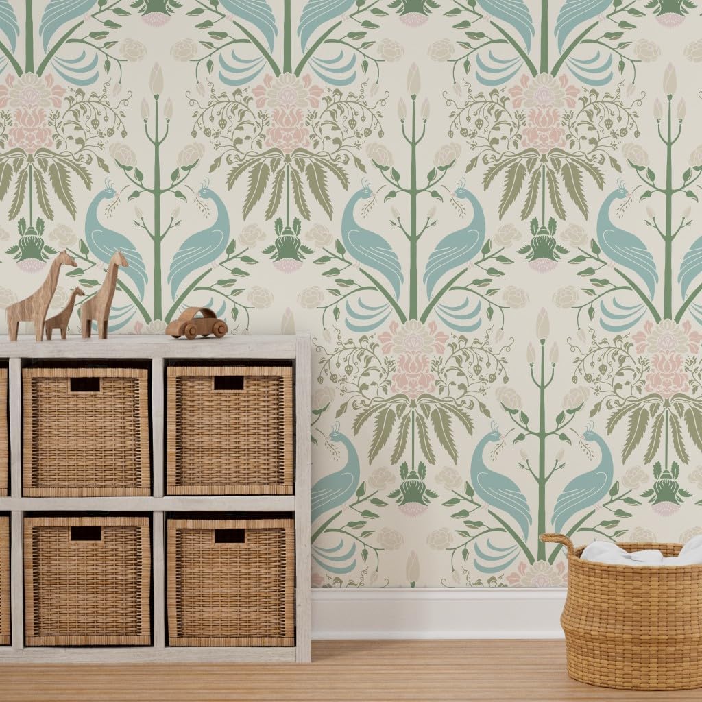 Spoonflower Removable Wallpaper 6ft x 2ft - Birds Floral Damask Bird Flower Cream Peach Peacock Sage Custom Pre-Pasted Wallpaper