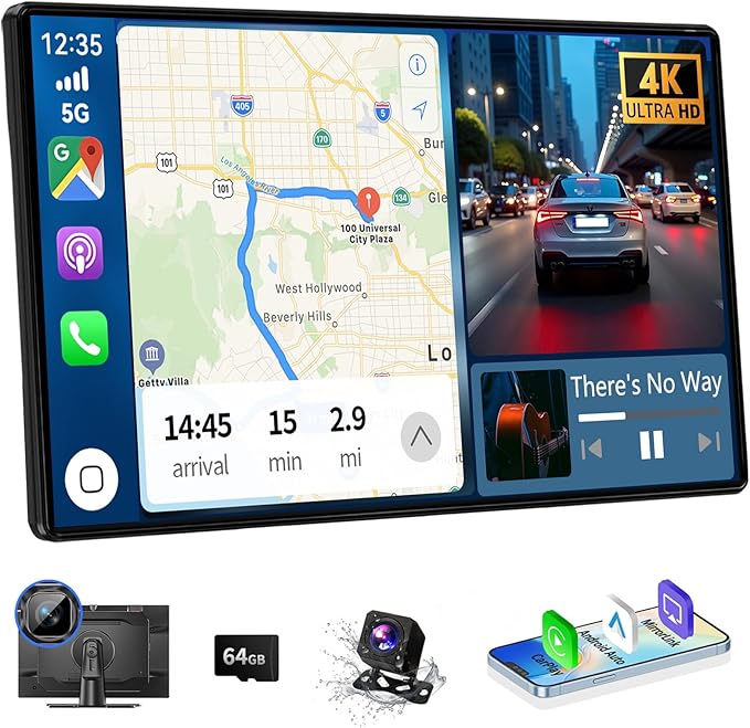 Wireless Carplay 11.3" A pple Carplay Screen for Car with 4K Dash Cam 1080P Backup Camera, Car Stereo for Carplay & Android Auto GPS Navigation/Bluetooth/Mirror Link/Voice Control/AUX/FM/Siri