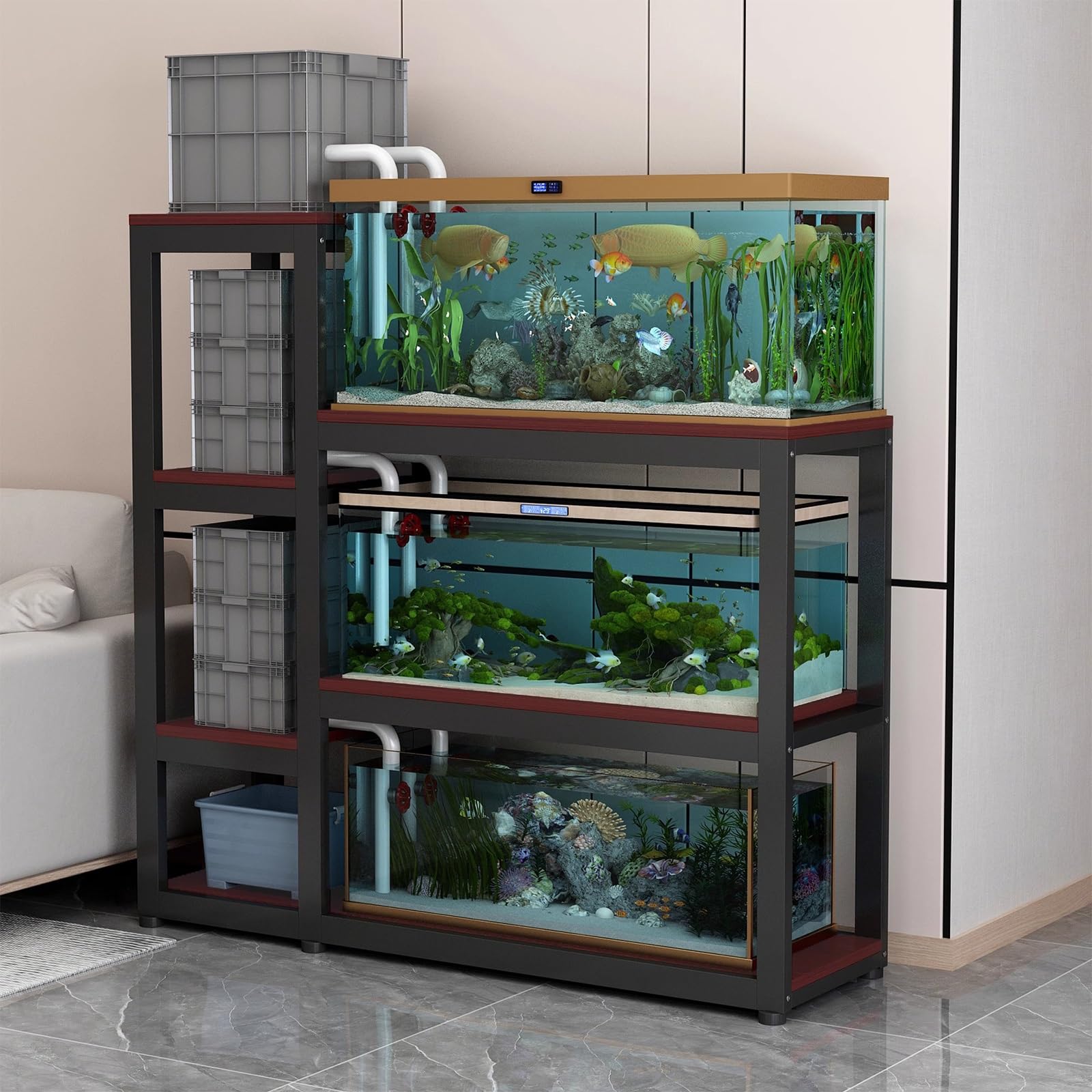 Étagère à aquarium robuste en acier intégré et bois teck