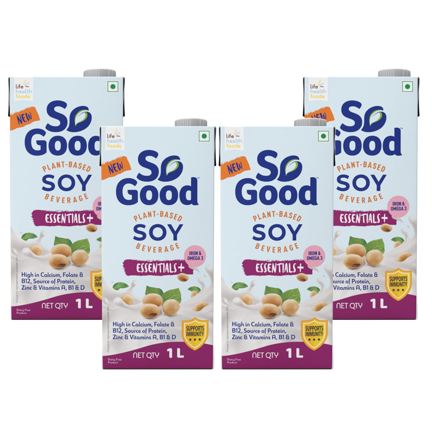 So Good Plant Based Soy Beverage Essential+ 4 L (4 x 1000 ml) | Source of Calcium, Vitamins, Iron and Folate | Lactose Free| Gluten Free | No Preservatives | Zero Cholesterol | Dairy Free