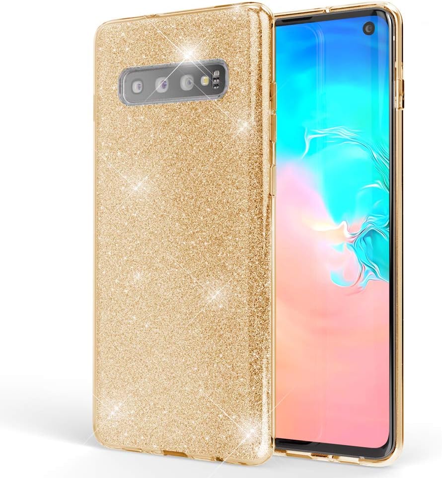 NALIA Glitter Case Compatible with Samsung Galaxy S10, Ultra-Thin Mobile Sparkle Silicone Back-Cover, Protective Slim Shiny Protector Skin Shockproof Crystal Gel Bling Phone Bumper, Color:Gold