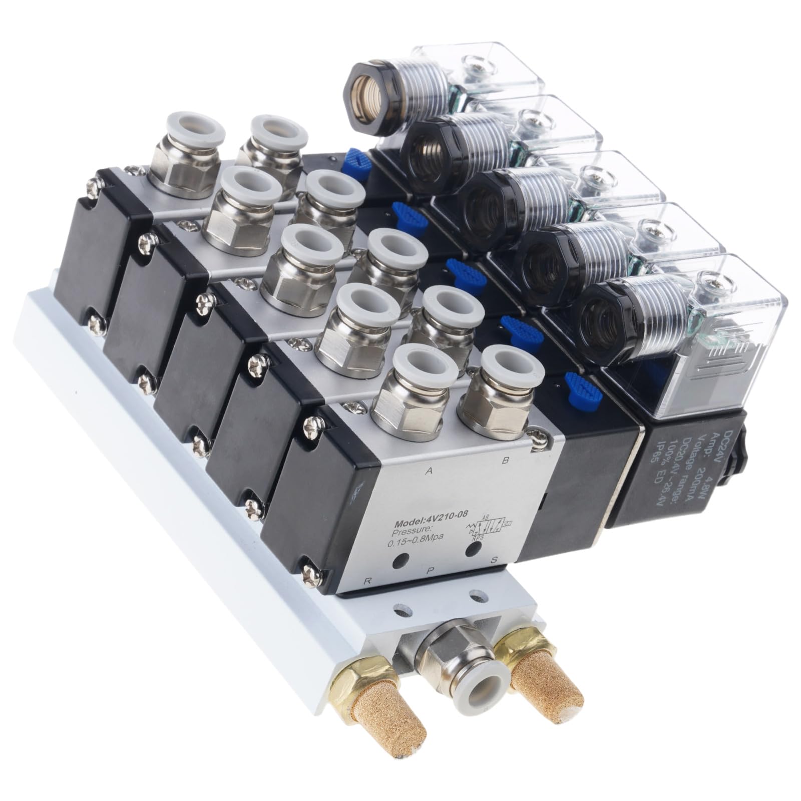 24V Solenoid Valves 5 Way 2 Position Pneumatic Air Control Solenoid Valves with Muffler Fitting Base Mani Station Manifold