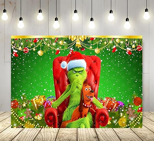 Telón de fondo verde de Navidad para suministros de fiesta, 5 x 3 pies, fondo de fotos de Grinch y perro, telón de fondo de fotografía de Feliz