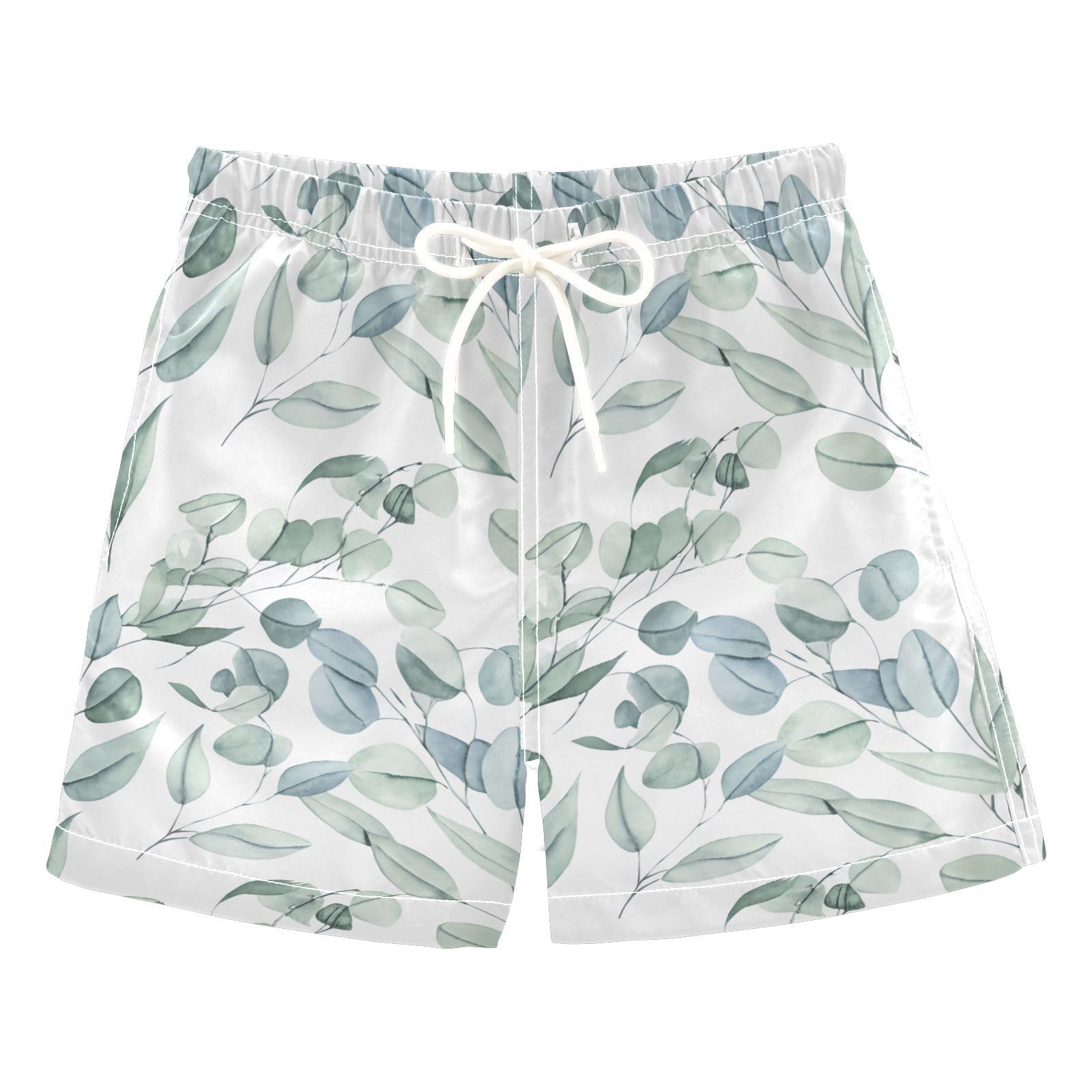 DOMIKING Eucalyptus Leaves White Boys' Swim Wear with Mesh Lining Elastic Drawstring Beach Shorts for Child Boy Quick Dry XL