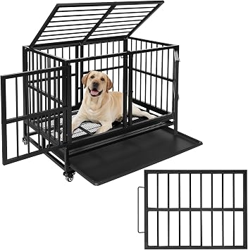 37" Heavy Duty Dog Crate with Divider Large Indestructible Dog Kennel for High Anxiety Dog Escape Proof Dog Cage for 2 Small Dogs Pet Playpen for Training with Removable Tray, Wheels, Black