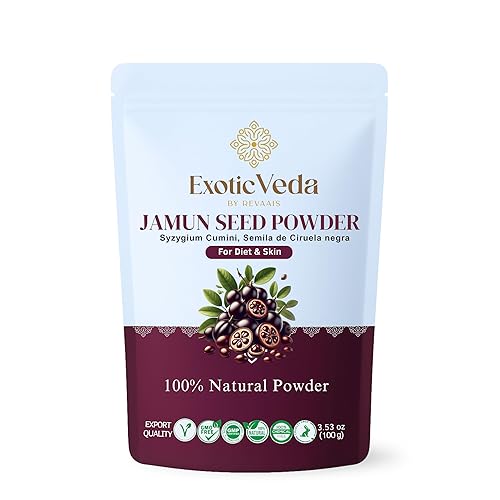 Exotic Veda Polvo de semillas de jamun puro, jambolana de Eugenia en bolsa (3.52 onzas), 100% puro, vegano, sin gluten, sin OMG, adecuado para