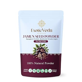 Exotic Veda Jamun Seed Powder 100% Pure Eugenia Jambolana | Java Plum Seed Powder | Vegan, Gluten-Free, Non-GMO | Fine Ground for Smoothies, Juices, Cooking, Baking, Skincare & DIY Face Masks 100g