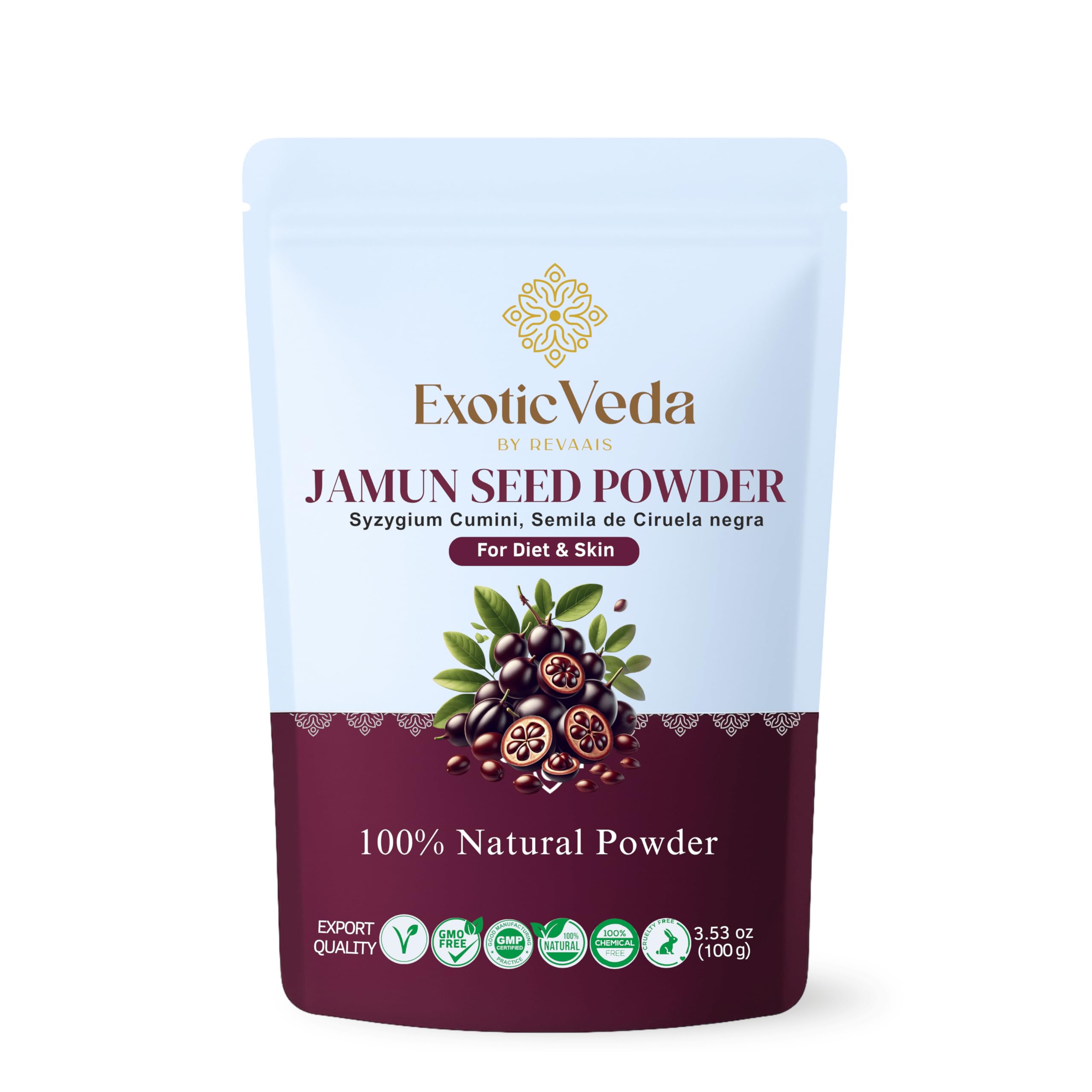 Exotic Veda Jamun Seed Powder – 100% Pure Eugenia Jambolana | Java Plum Seed Powder | Vegan, Gluten-Free, Non-GMO | Fine Ground for Smoothies, Juices, Cooking, Baking, Skincare & DIY Face Masks – 100g