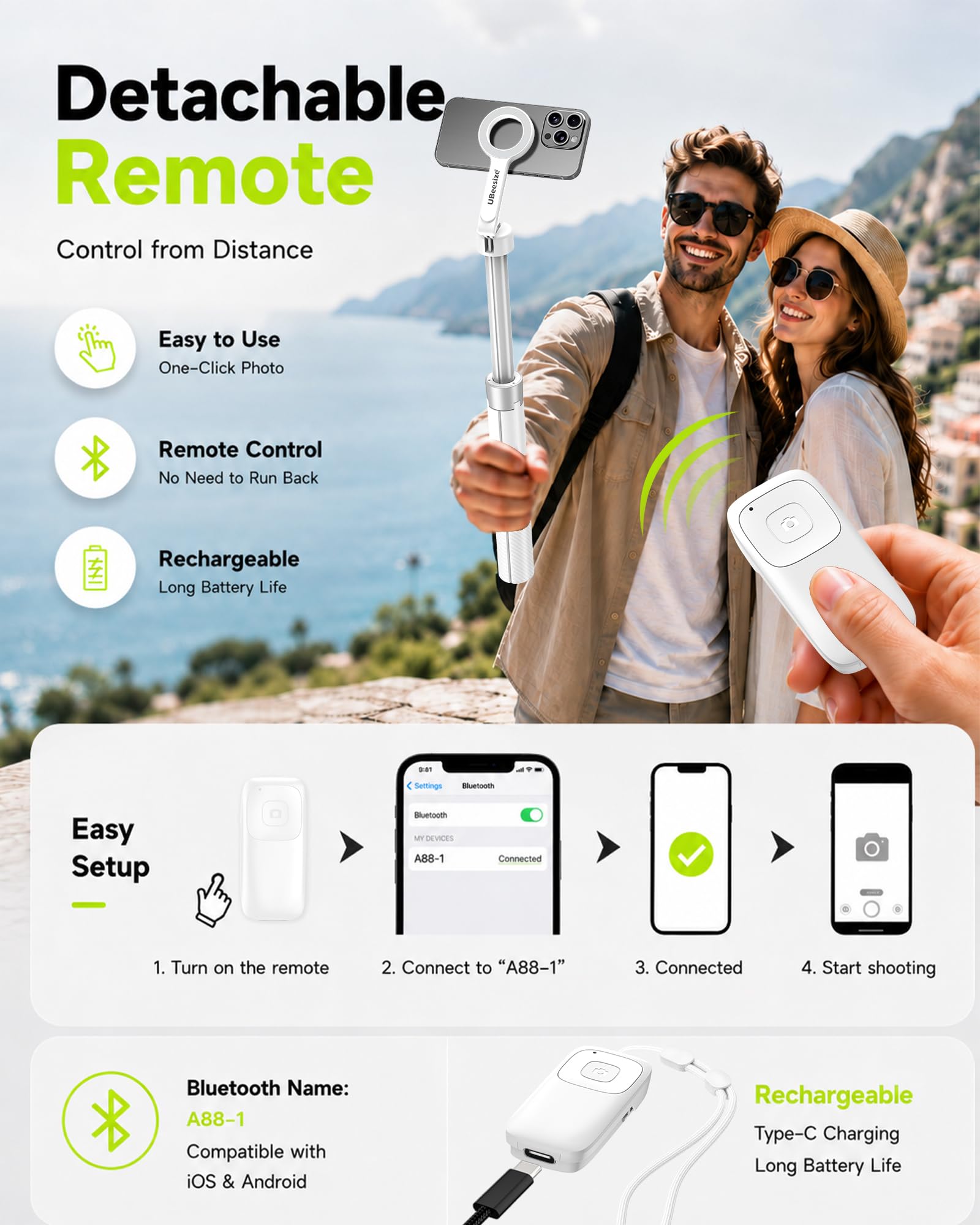 UBeesize Perche à Selfie magnétique avec télécommande (Blanc), Compatible avec MagSafe, trépied pour iPhone