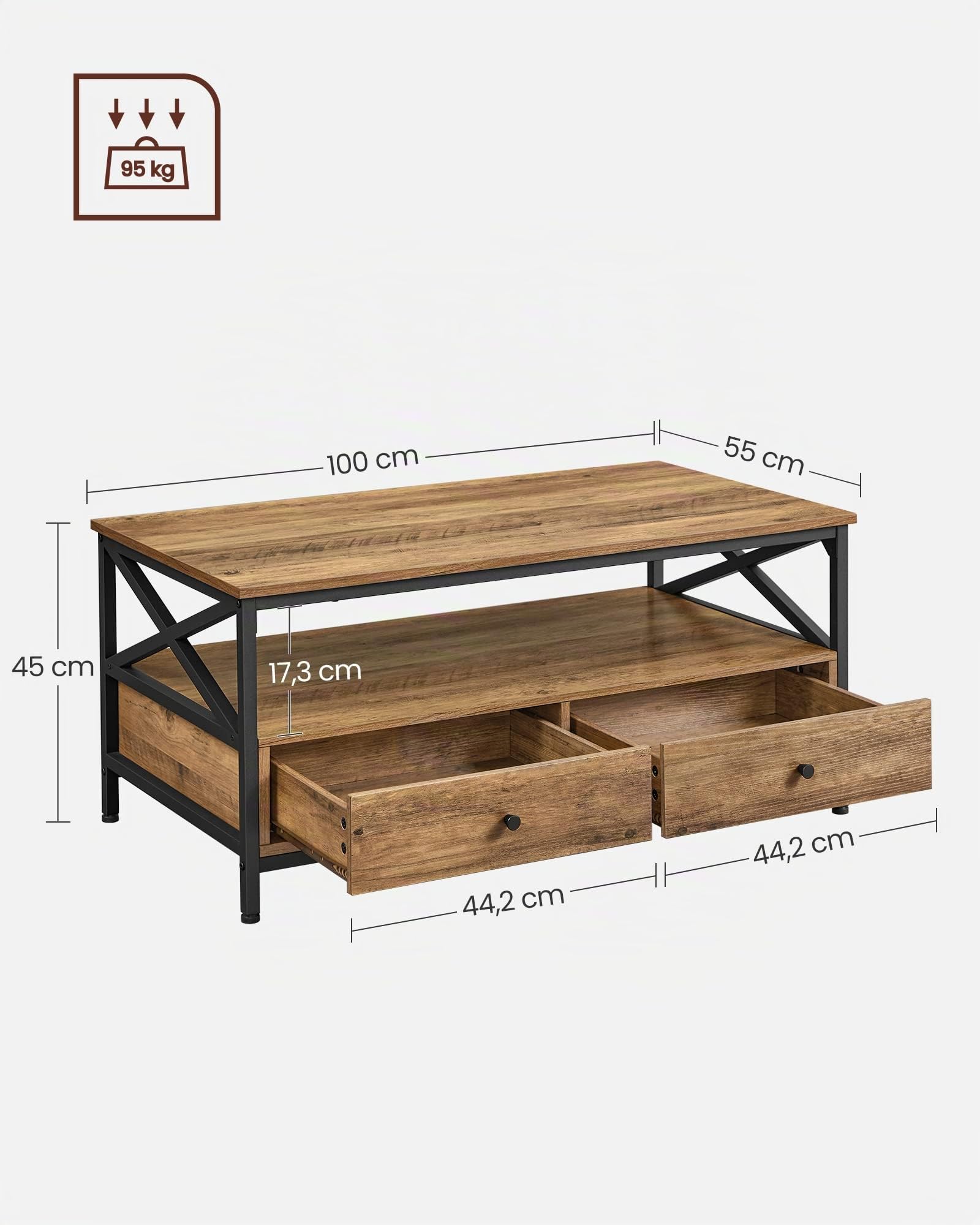 VASAGLE Tavolino da salotto, con 2 cassetti e ripiano aperto, telaio in acciaio a forma di X, 100 x 55 x 45 cm, stile industriale, noce rustico e nero LCT201B41
