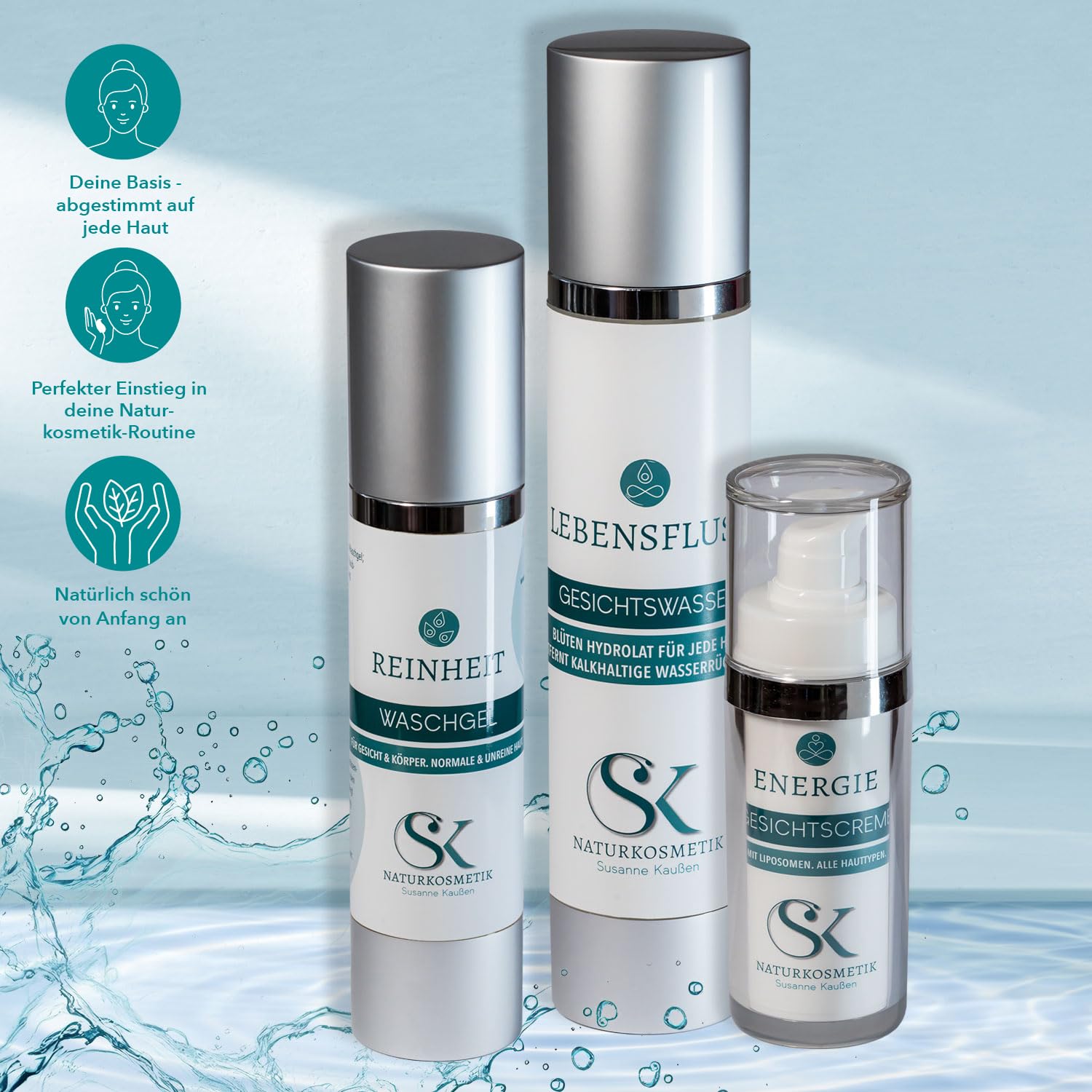 SK Naturkosmetik Basis Pflege-Set – Waschgel, Gesichtswasser & Gesichtscreme | natürliche Hautpflege für alle Hauttypen & junge Haut | 3-Schritte-Routine | mit Vollmondquellwasser | Made in Germany