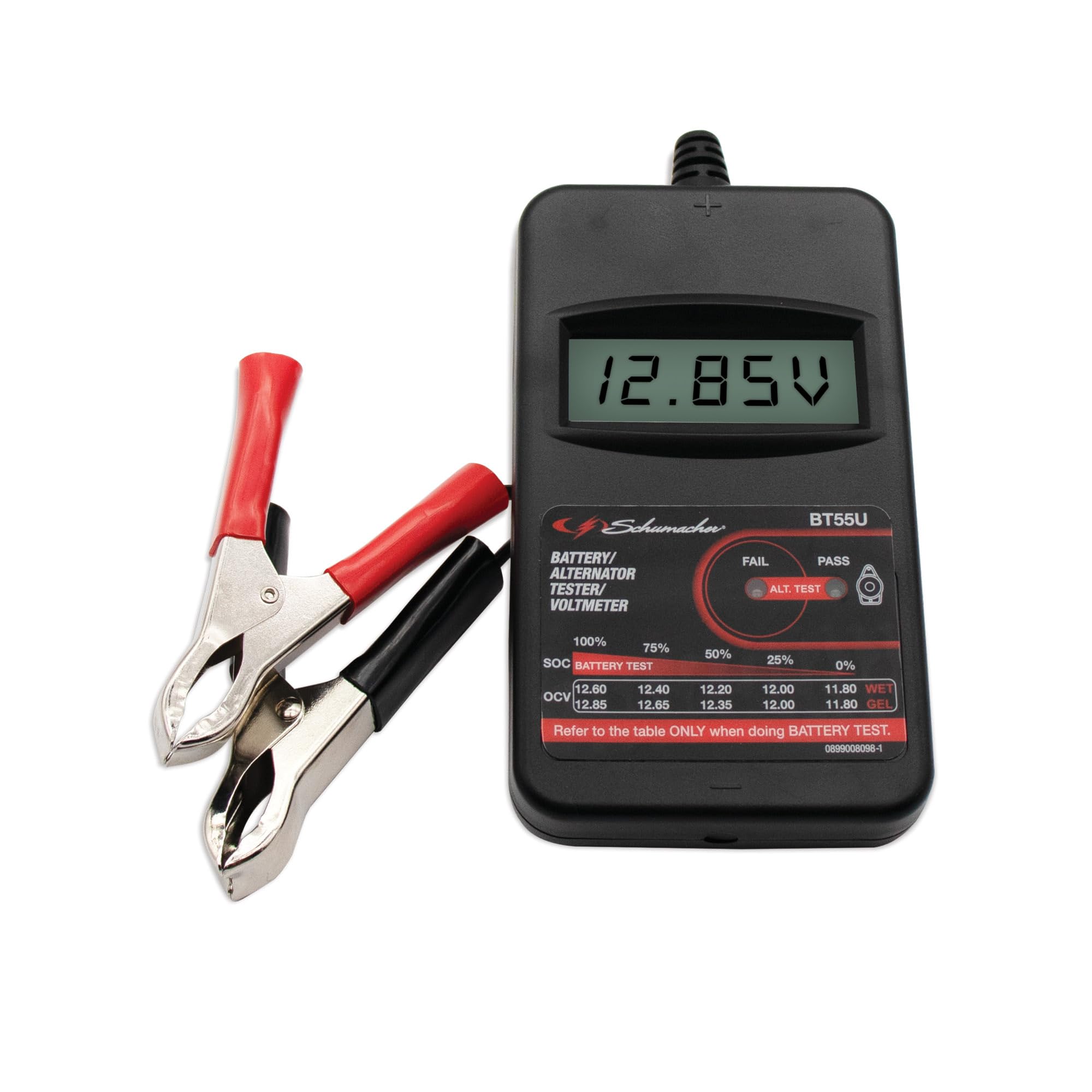 Schumacher Auto Batterietester Compact BT55 - Überprüfung der Lichtmaschinenspannung im Auto - Kompatibel mit 6V/12V/24V Batterien Typ SLI, VRLA, AGM, Gel und 12V Lichtmaschinen - LCD Display | Überprüfung der Lichtmaschinenspannung, Kompatibel mit 6V/12V