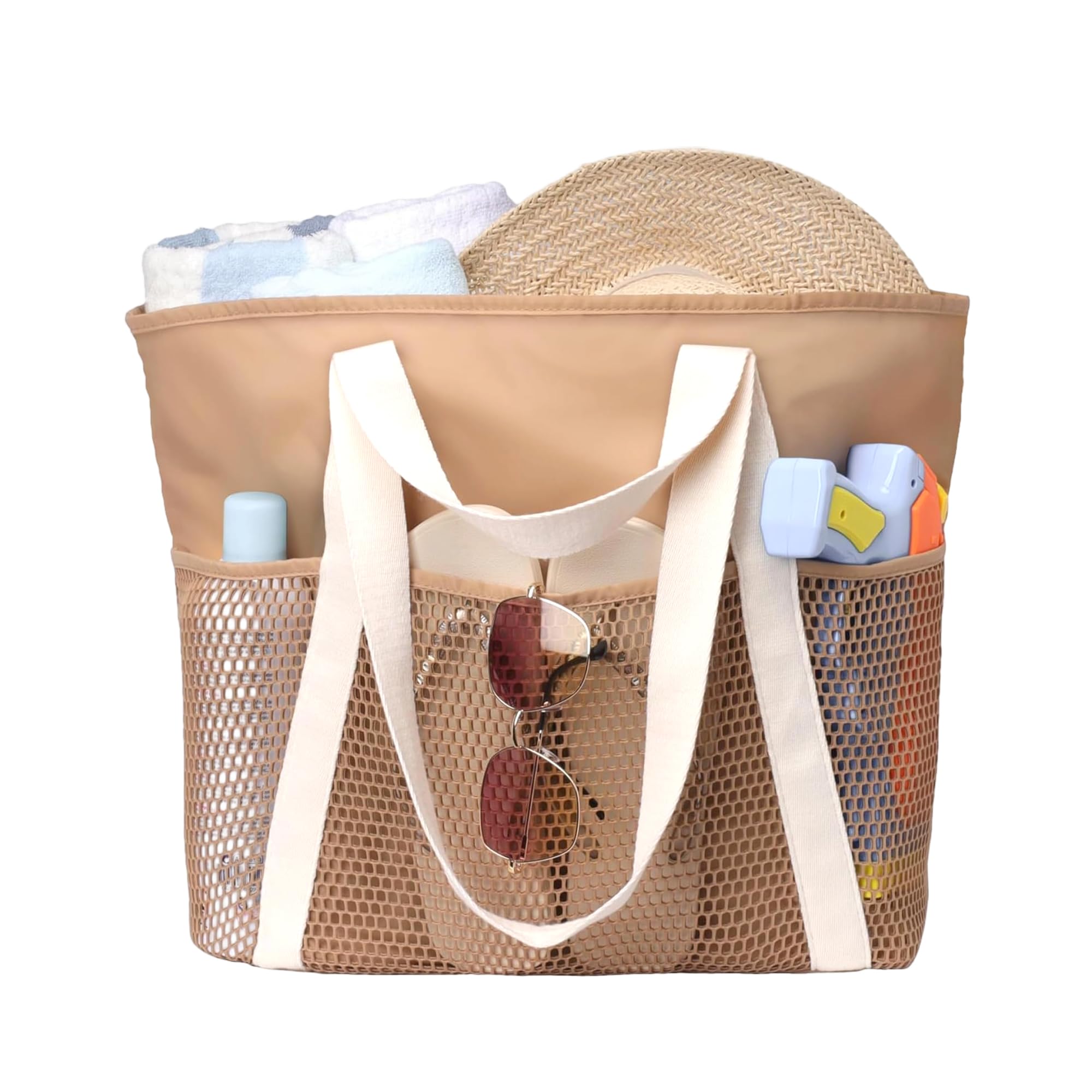 Mabecol Große Strandtasche Damen, Badetasche mit Reißverschluss, Leichte Strandtasche mit Netz für Familie, Ideal für Strand, Schwimmbad, Reisen, Große Beach Bag für Damen (Braun)