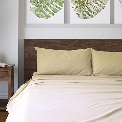 Miniatura 2 de Featherhead Juego de sábanas de franela 100 % algodón, 4 piezas, tamaño matrimonial, beige, doble cepillado para mayor suavidad, cálido y