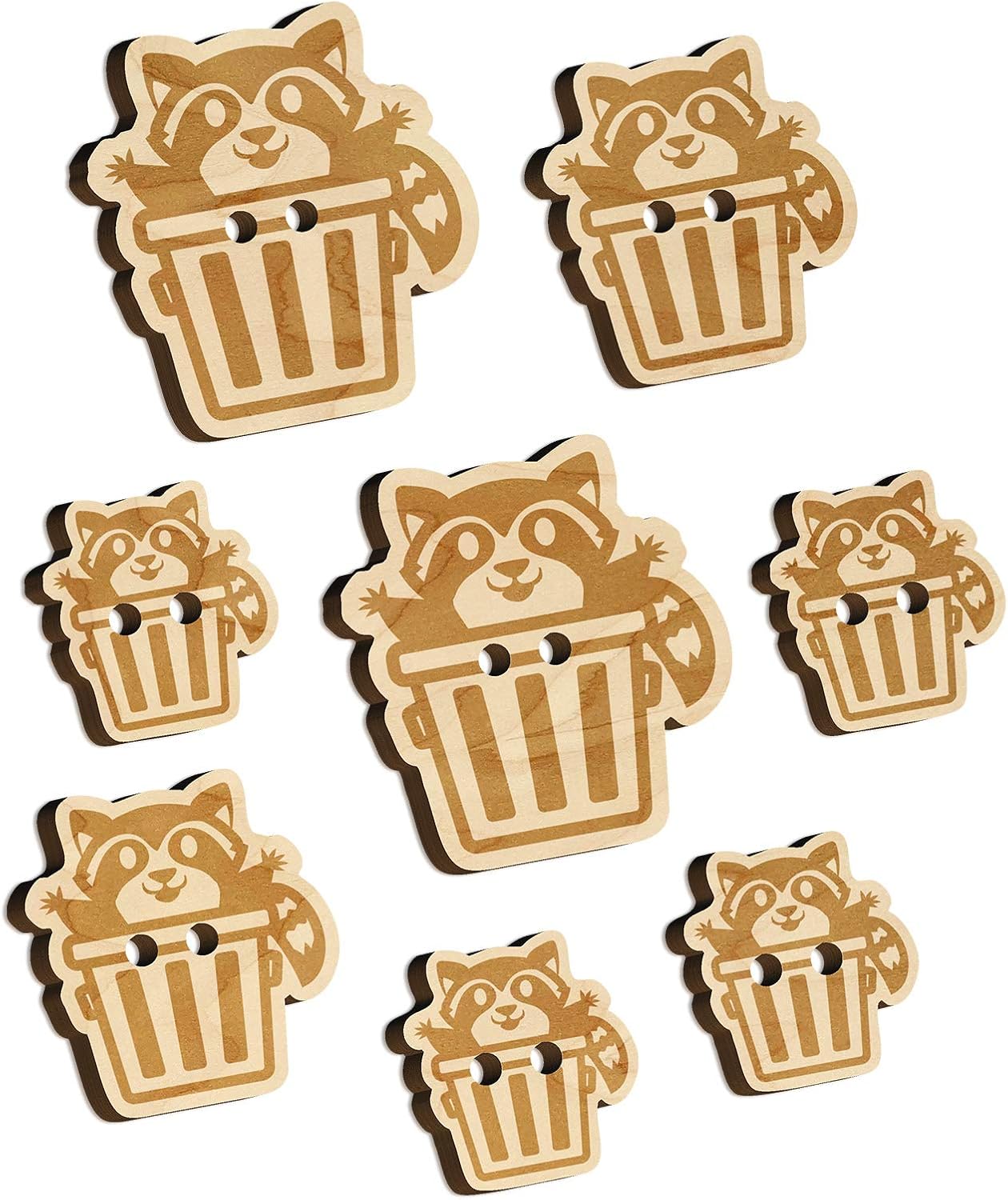 Lively Raccoon in Trash Can Wood Buttons for Sewing Knitting Crochet DIY Craft - Large 1.25 Inch (5pcs)