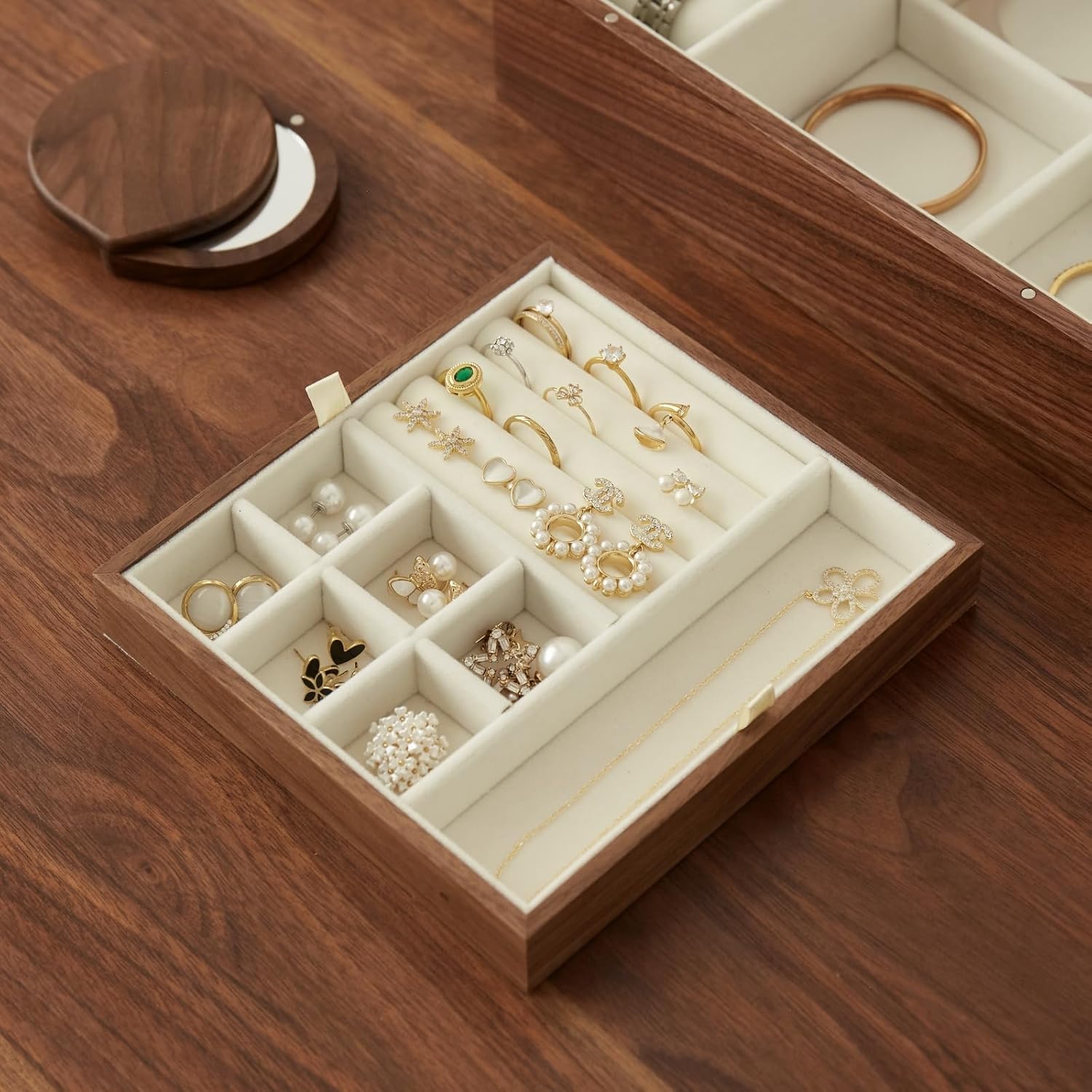 Black Walnut Wood Jewelry Box With Velvet Lining,Personalized Ring and Necklace Box for Women and Girls,Brass Handle (No lock)