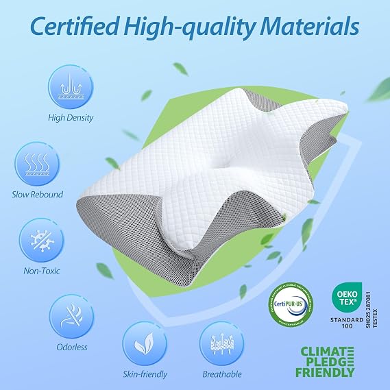 HOMCA Memory Foam Cervical Pillow, 2 in 1 Ergonomic Contour Orthopedic Pillow for Neck Pain, Contoured Support Pillows for Side Back Stomach Sleepers
