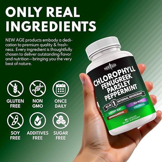 NEW AGE Chlorophyll Fenugreek Capsules - Supplement Internal Deodorant Peppermint- Fenugreek 20:1, Sea Moss, Parsley, Chlorella, Spirulina, Slippery Elm, Ashwagandha, All in 1 Greens- 60 Count