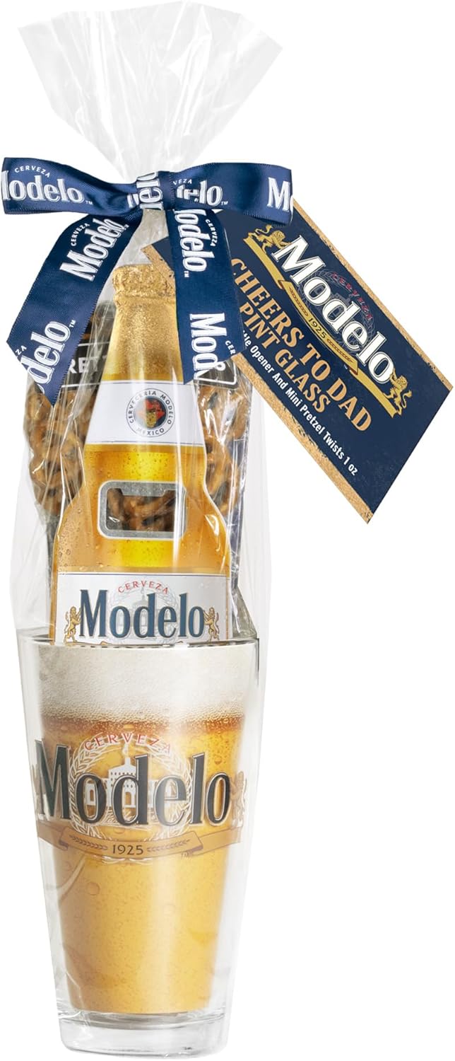 Cerveza Modelo Beer Pint Glass 3 pc Gift set with Bottle Opener and Pretzels