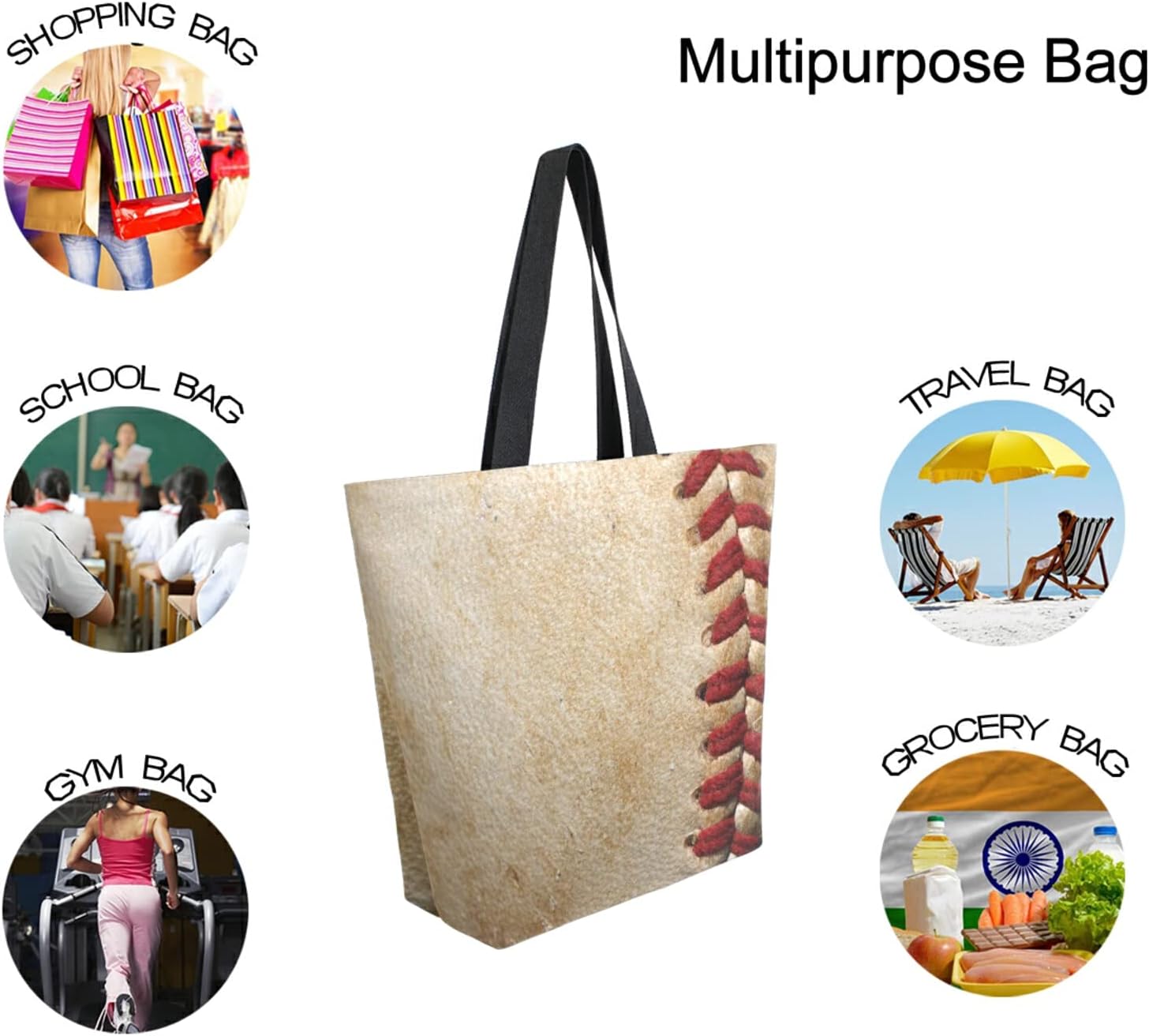 ALAZA Retro Baseball Threads Canvas Tote Bag Large Women Casual Shoulder Bag Handbag,Shopping Grocery Cotton Bag Reusable,Multipurpose,Heavy Duty For Outdoors Weekender Travel - Image 8