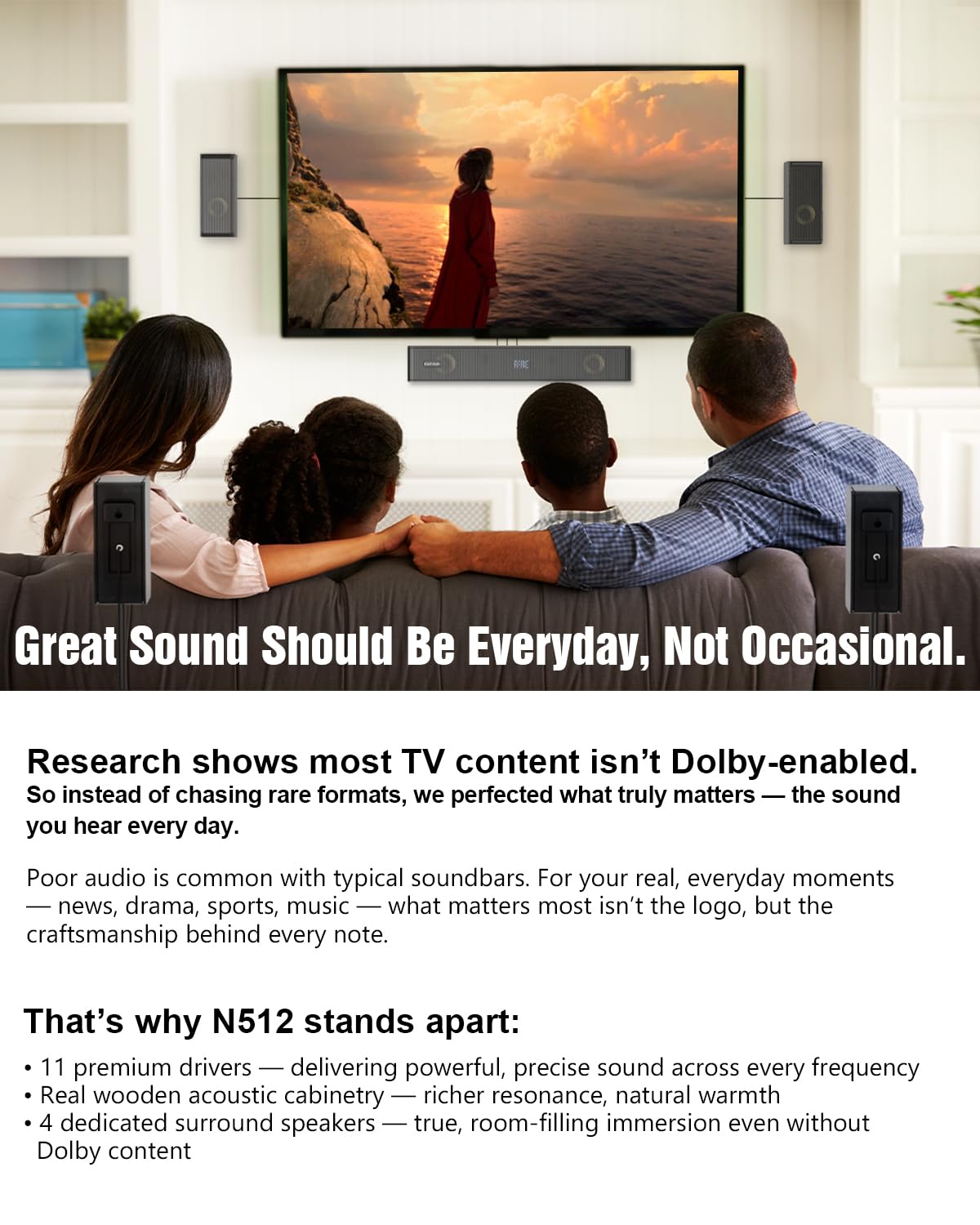 Drewniane soundbary 5.1.2, 4 głośniki surround, moc szczytowa 400 W, system dźwięku przestrzennego głośnika telewizyjnego, soundbar do Smart TV z subwooferem, głęboki bas, system kina domowego ARC/OPT
