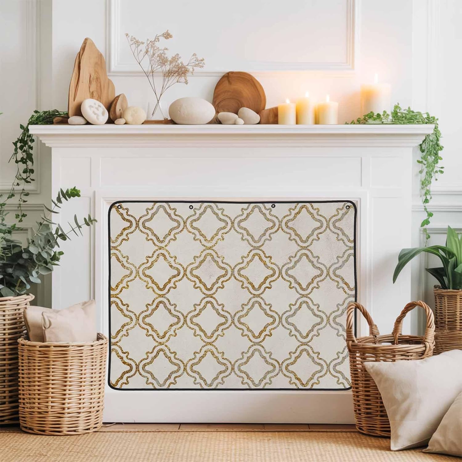 Magnetic Fireplace Cover Geometric Lines Fireplace Screen Decorative Luxury Golden Linen Insulation Fireplace Blocker Blanket Save Energy Fireplace Draft Stopper Covers for Living Room 36x30 Inch