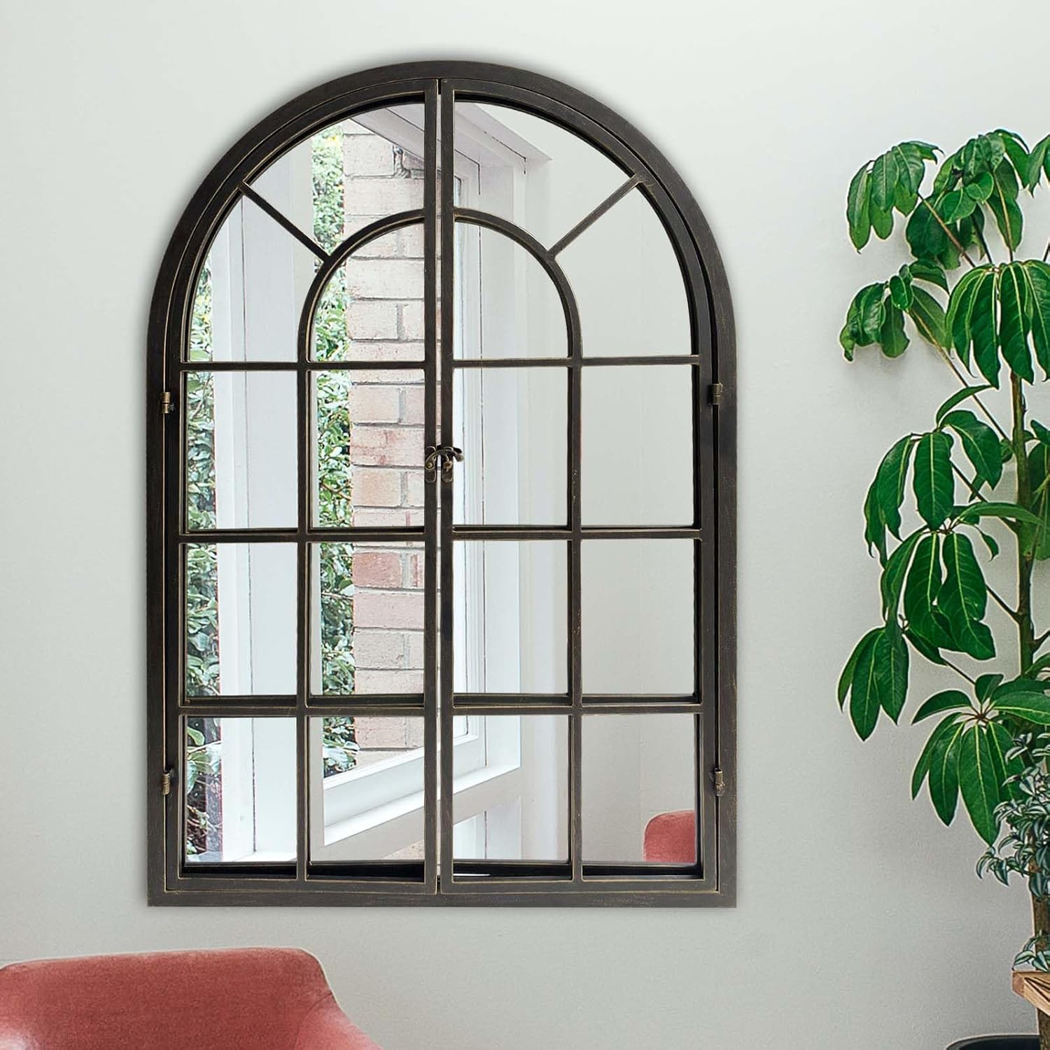 ironsmithn Arched Window Mirror, 36"x24" Grid Mirrors, Windowpane Mirror, Black Metal Arch Mirrors for Decor Living Room Fireplace Entryway Bedroom Hallway