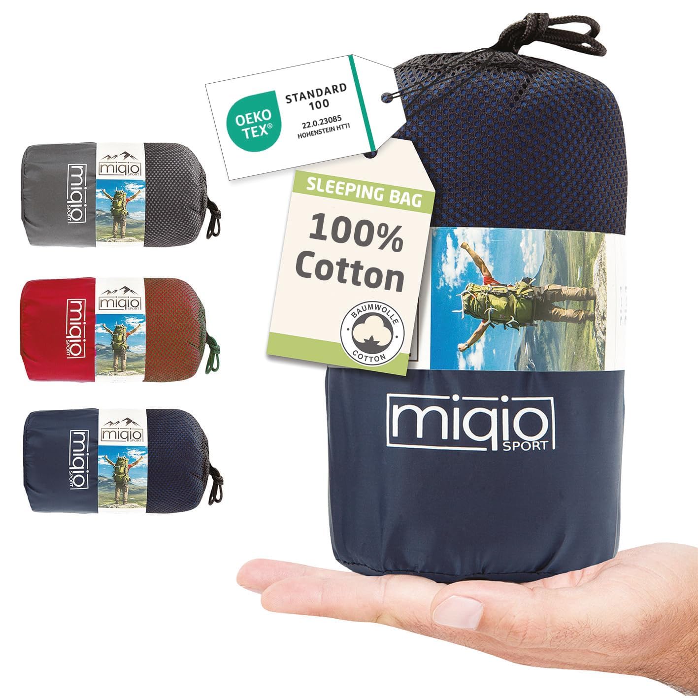 MIQIO 2en1 Saco de Dormir Ligero de Algodón, Saco Sábana Ligera y Sábana de Viaje, Tamaño XL, Sabana Saco de Dormir pequeña y Compacto con Compartimiento de Almohada