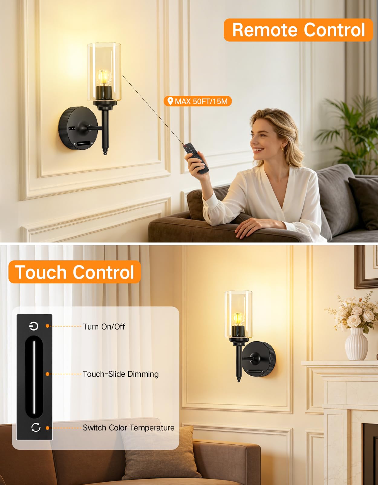 OUTON 2 lámparas LED de pared inalámbricas con batería, sin conexión de alimentación, con mando a distancia y táctil, 3 temperaturas de color 3000 K-6000 K, regulable sin niveles, temporizador, 8000