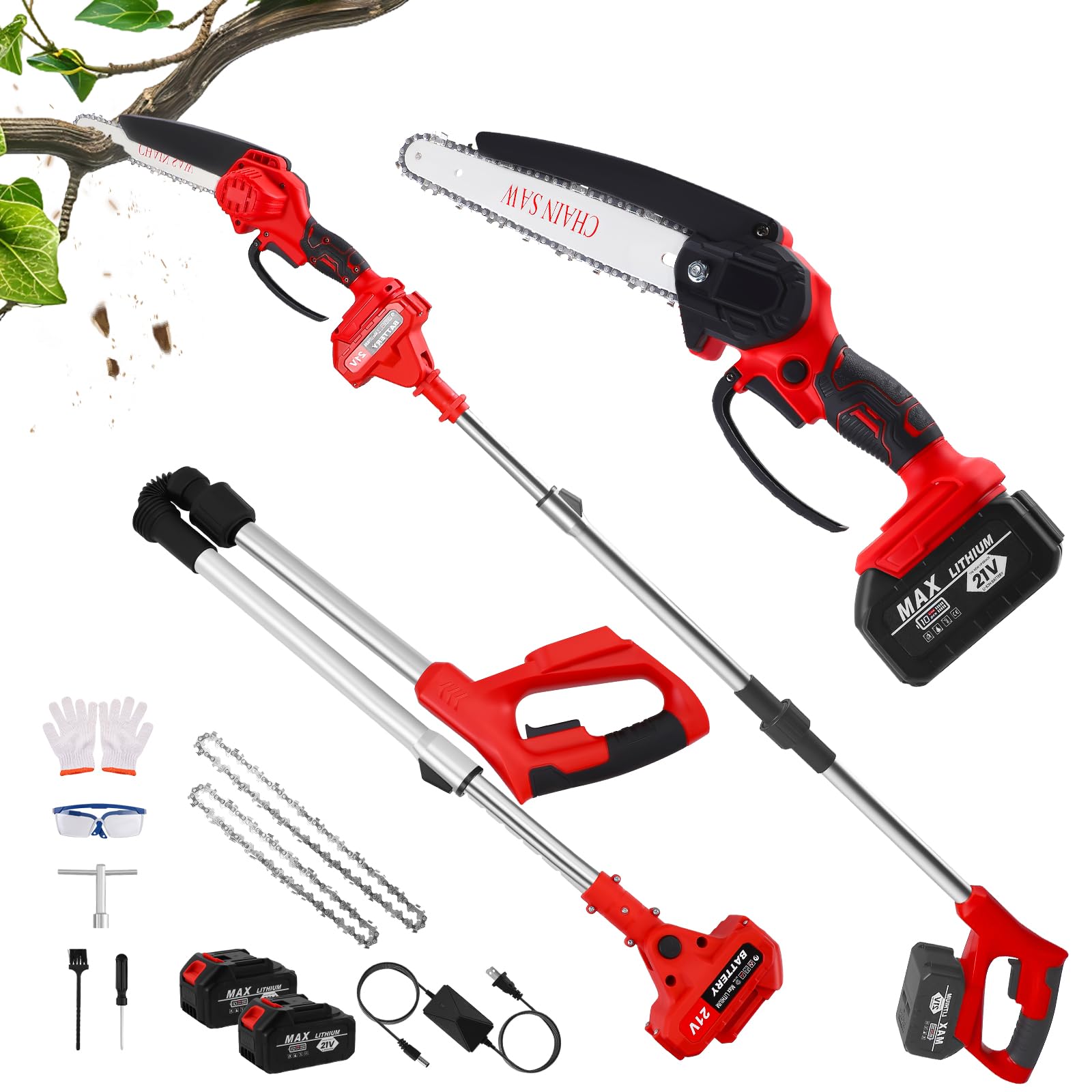 2 en 1 Élagueuse sur Perche sans Fil, 21V Télescopique Élagueur avec 8” Mini Tronçonneuse Électrique, 2 x 3000mAh, 2 Chaînes, 150° Tête Inclinable pour Jardin, Branches, Bois