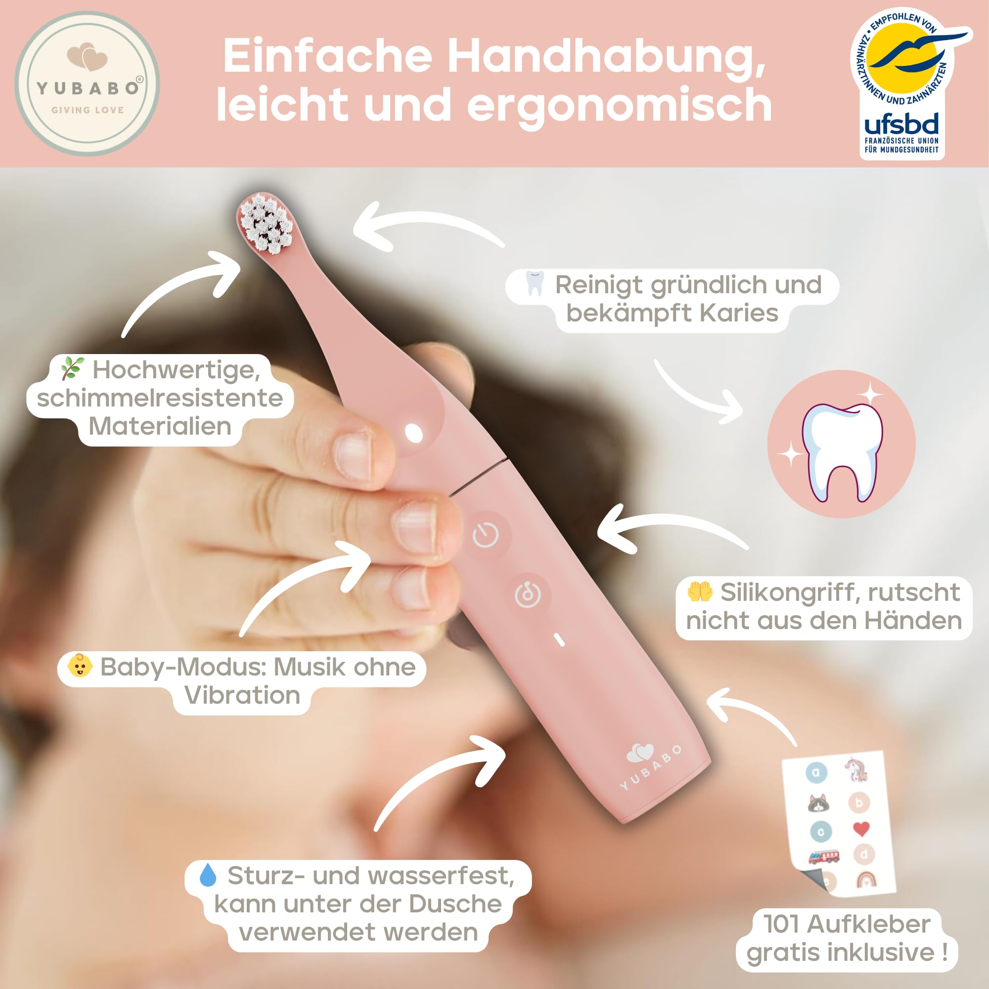 Elektrische Kinderzahnbürste mit Musik und Baby-Modus – 2 Schallmodi – 100 Tage Akkulaufzeit – 2-Minuten-Timer – 101 Aufkleber – Von Zahnärzten empfohlen – 1 bis 3 Jahre – Rosa