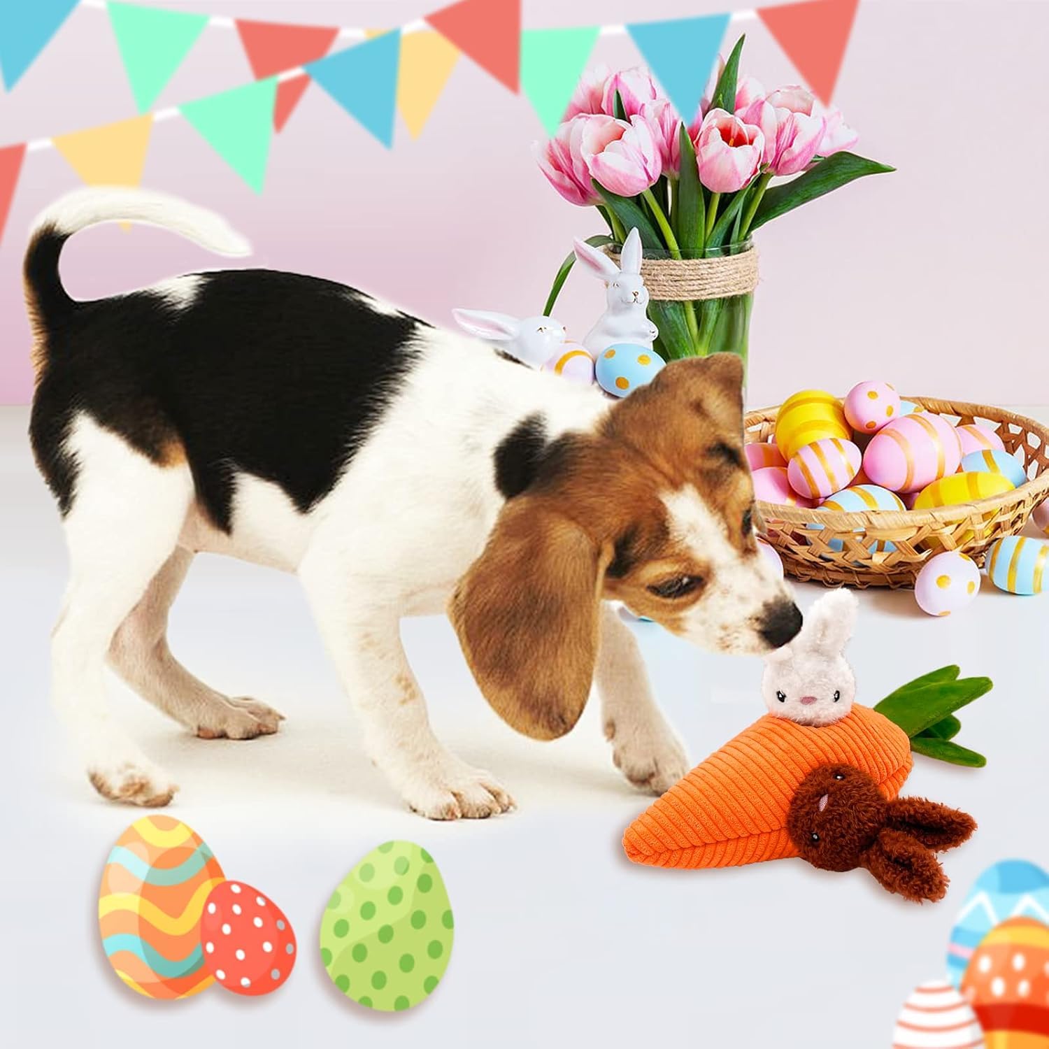 Oster-Hundespielzeug, Karotte verstecken und suchen Hundespielzeug mit 2 quietschenden Hasen, Plüsch-Hundespielzeug, Oster-Quietschgeschenke für kleine und mittelgroße Hunde