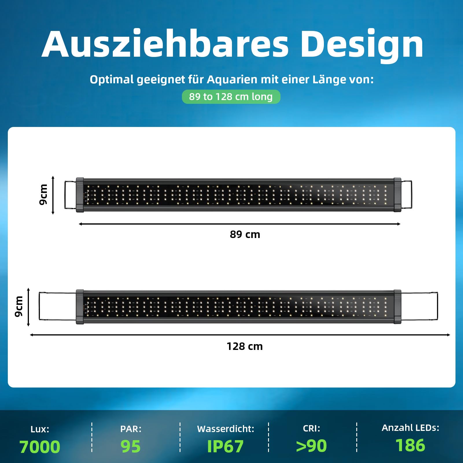 Aquarium LED Beleuchtung 89–128cm, 186 LEDs 7000Lux, Doppelsteuerung Fernbedienung+Kabelcontroller, 20 Helligkeitsstufen, 6 Dynamikmodi 24/7 Zyklus IP67 für Aquarium & Terrarium