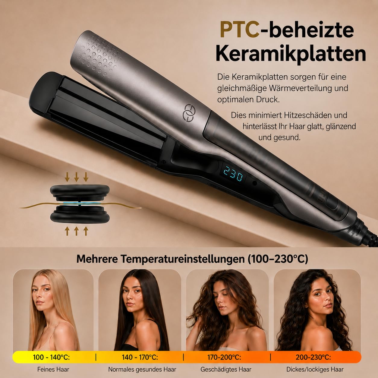 Glätteisen 2-in-1 Professionelles Haarglätter Lockenstab Golden Goods - Dampf & 42mm Breite Titanplatten Keramikbeschichtigung, LCD-Display, 25s schnelles Aufheizen &10 Temperaturstufen 100°C-230°C