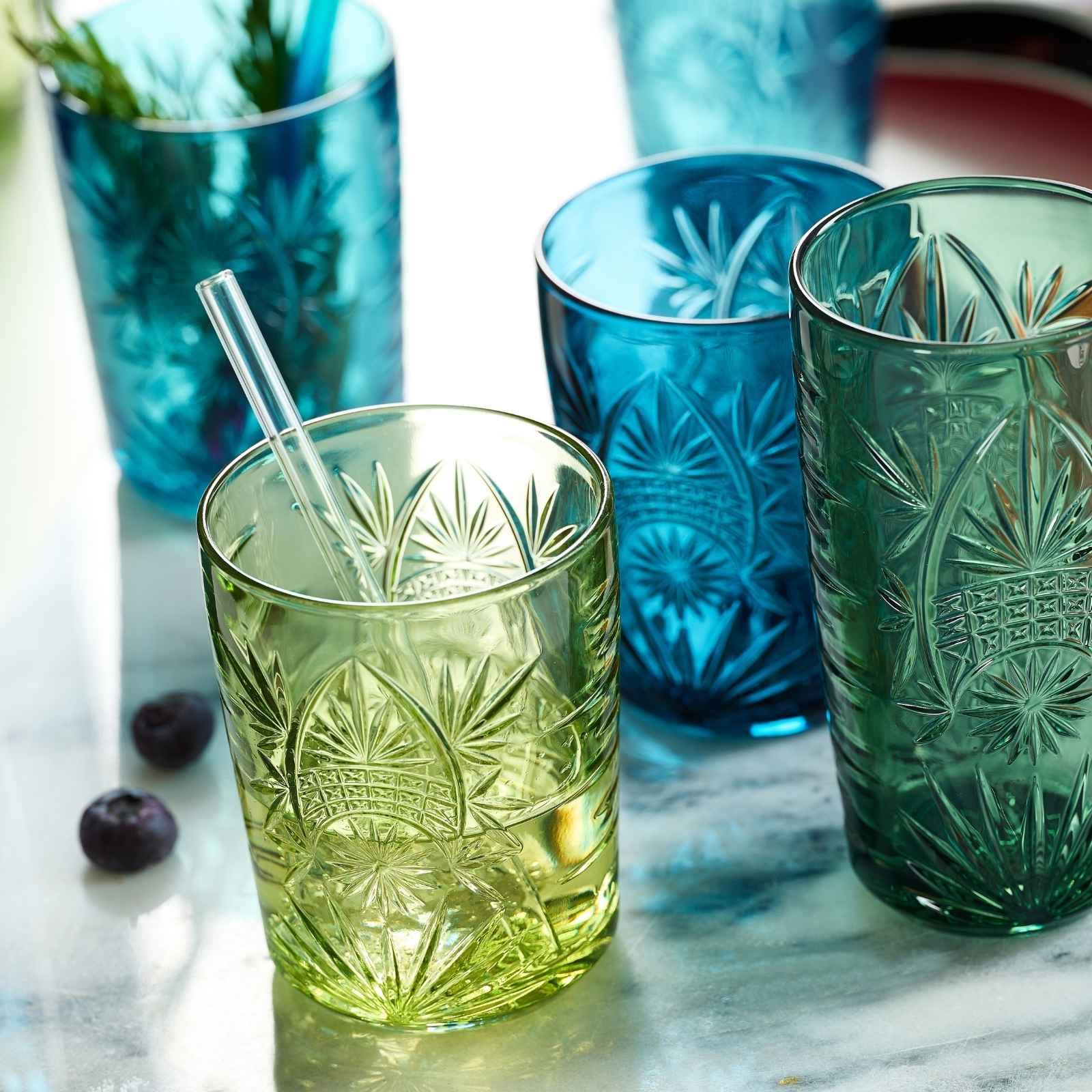 Ritzenhoff & Breker Longdrinkgläser-Set Bari 360 ml | 12-teilig | Bunte Trinkgläser in Blau- und Güntönen, Gläser mit Farnen-Relief, Spülmaschinengeeignet