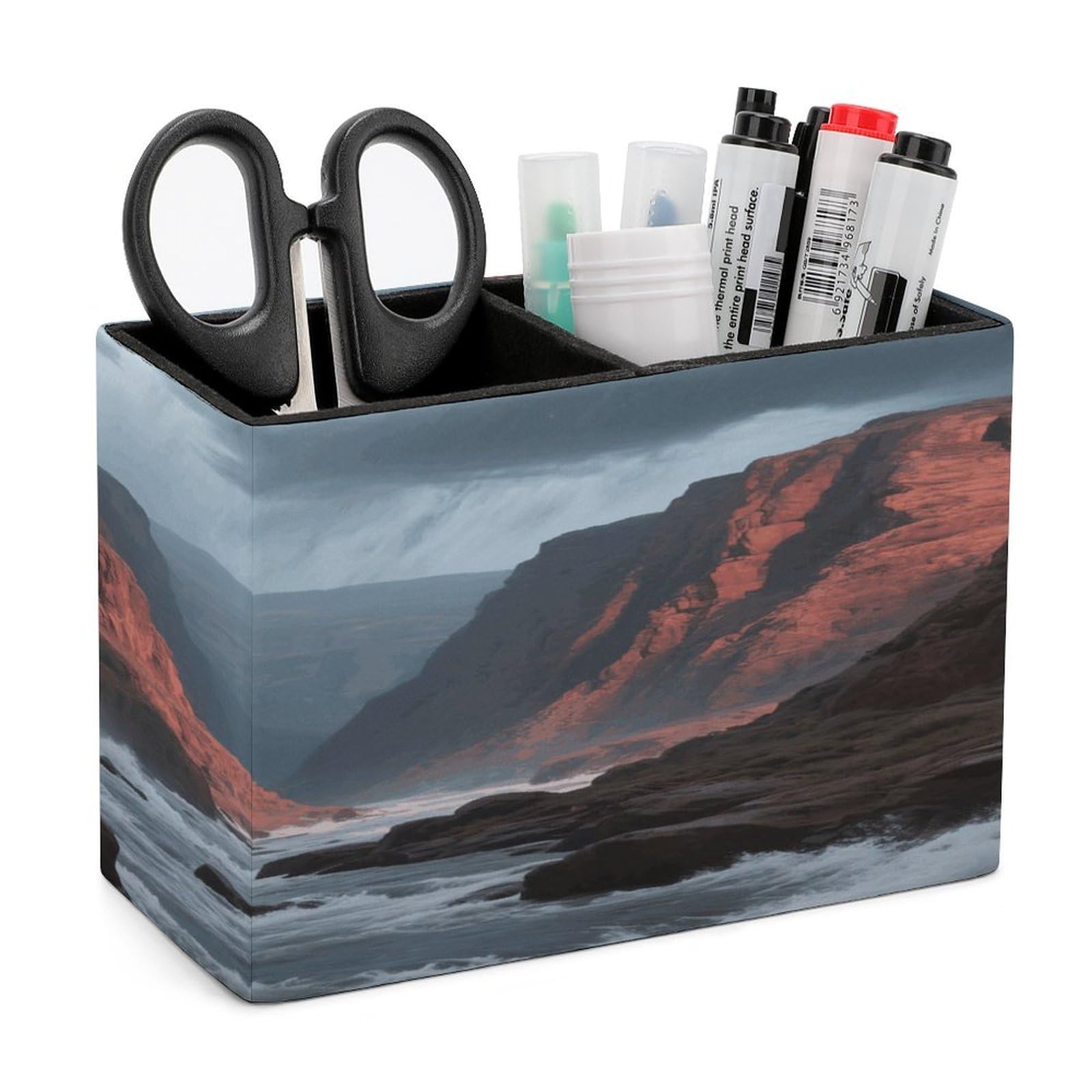 VstaDank Topographic Pencil Holder for Desk Organizer 2 Compartments Pen Cup Leather Square Pen Holder Pencil Cup Stand Makeup Brush Holders for Desktop Organizer Storage Case
