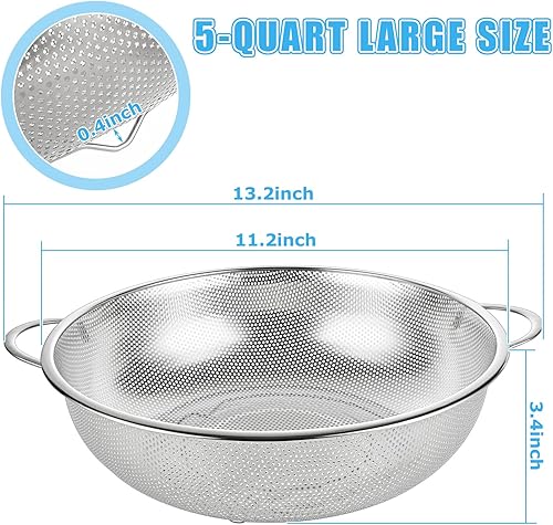 Miniatura 2 de AKOLAFE Colador de metal de 5 cuartos de galón con asa, paquete de 3 coladores de acero inoxidable para coladores y coladores de cocina, juego de