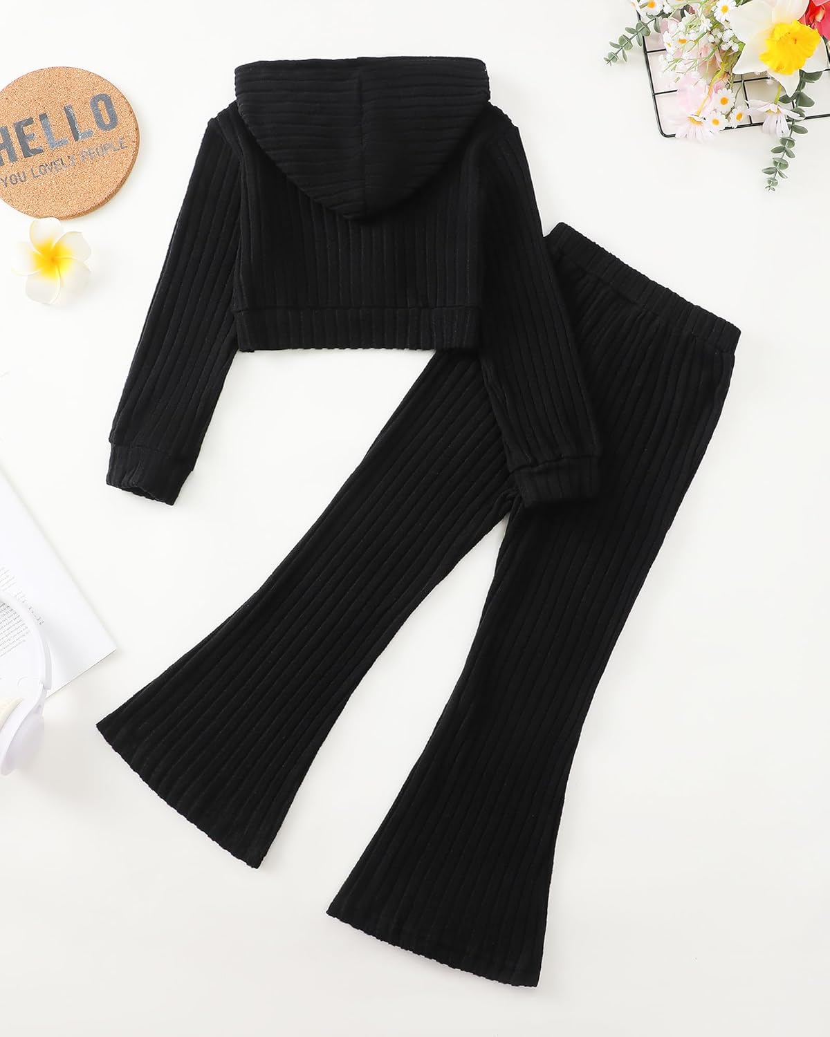XUANHAO Girls Clothes Fall Winter Teen Outfits for Girl Rib Knit Twist Front Hoodie Flare Pants Sweatsuit Girls Clothing Set - Image 4
