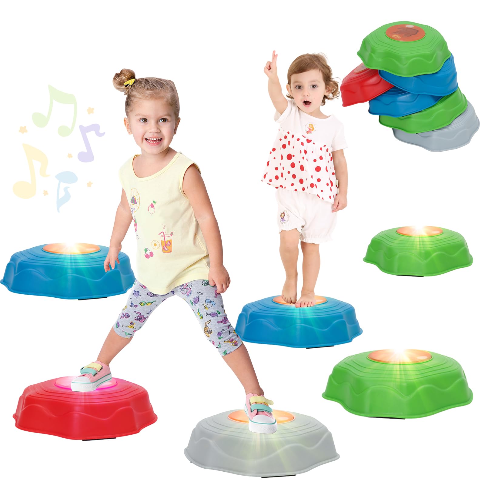 Balance Stepping Stones 6Pcs Light Up Sounds Stepping Stones for Kid LED Non-Slip Balance Stones Sensory Toys for Outdoor,Indoor,Garden,Playground,Obstacle Course Sensory Play Equipment Toys