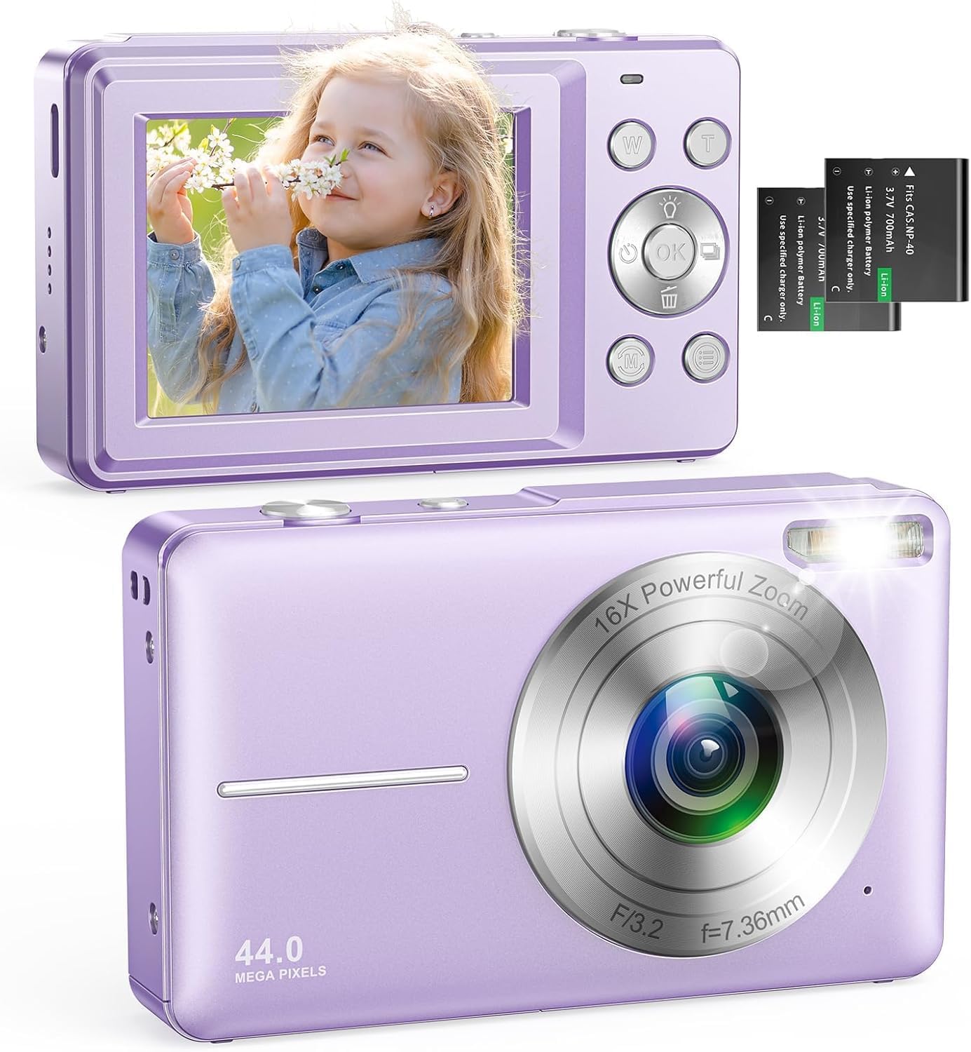 Fotocamera digitale 1080P 44MP, schermo LCD da 2,4 pollici, zoom digitale 16X, funzione selfie e autoscatto, compatta e portatile ideale per vlog, bambini, adolescenti e principianti