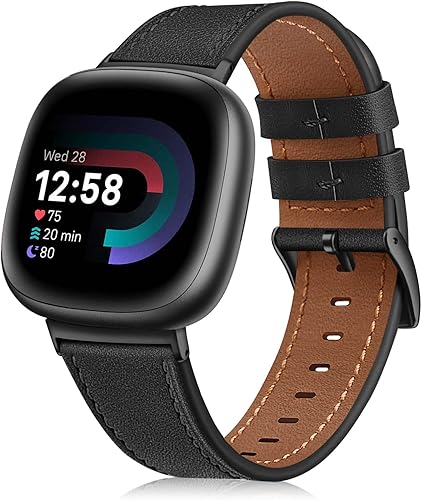 FINTIE Correas compatibles con Fitbit Versa 4 3  Sense 2 1, correa de repuesto de cuero genuino (negro)