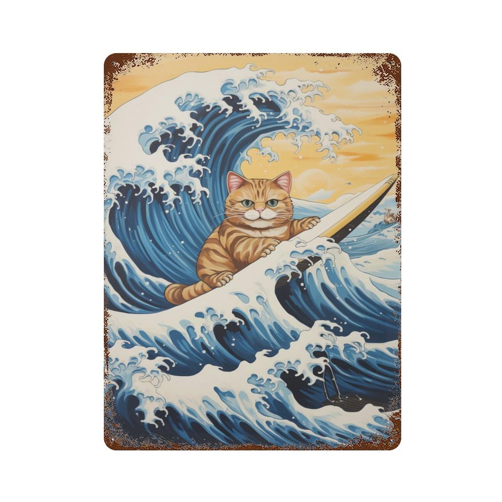 Rustic Tin Plaque with Cat Surfing Japanese Wave Design 15.7"x11.8", for Cafe, Home Bar And Lounge Decor, Industrial Home Decor