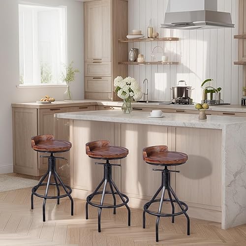 Miniatura 5 de Set of 2 Industrial Bar Stools with Mini Backrest Swivel Wooden Seat Counter Height Adjustable 24.4-30.3inch Kitchen Dining Chair