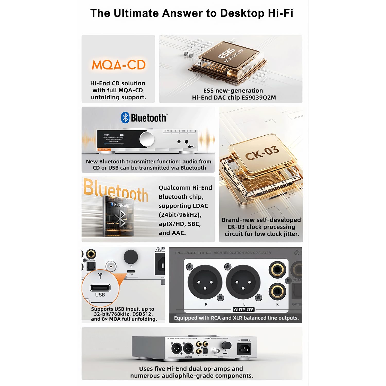 SMSL PL200 MK2 Lecteur CD MQA, lecteur CD tout-en-un intégrant un DAC et un amplificateur de casque,Hi-End DAC chip ES9039Q2M,lecture sans coupure,Entrées:USB/BT/CD; Sorties:RCA/XLR/casque/coax/opt/BT