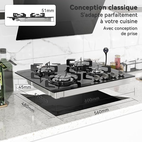 magicplux Plaque de Cuisson Gaz 4 Feux, Plaque Gaz Encastrable 60cm avec Sécurité Thermocouple, Gazs ville et Bouteille, Verre Noir, Allumage Électrique Intégrée - 2