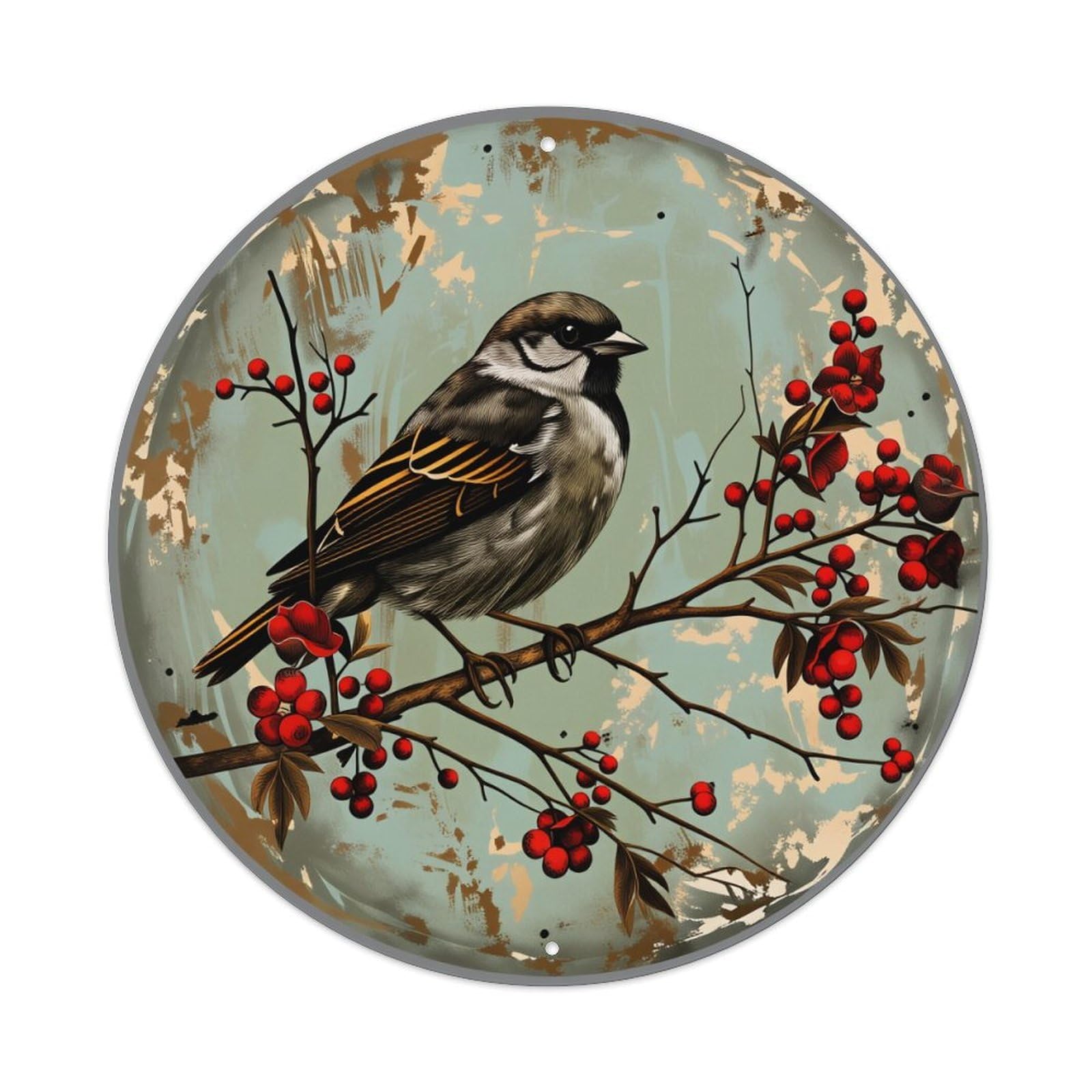 Bird Perched On Branch With Red Berries And Leaves Round Vintage Tin Sign,Retro Wall Art,Metal Poster for Home, Bar, Garage, Cafe, Rustic Indoor & Outdoor Decor, 8x8 Inches